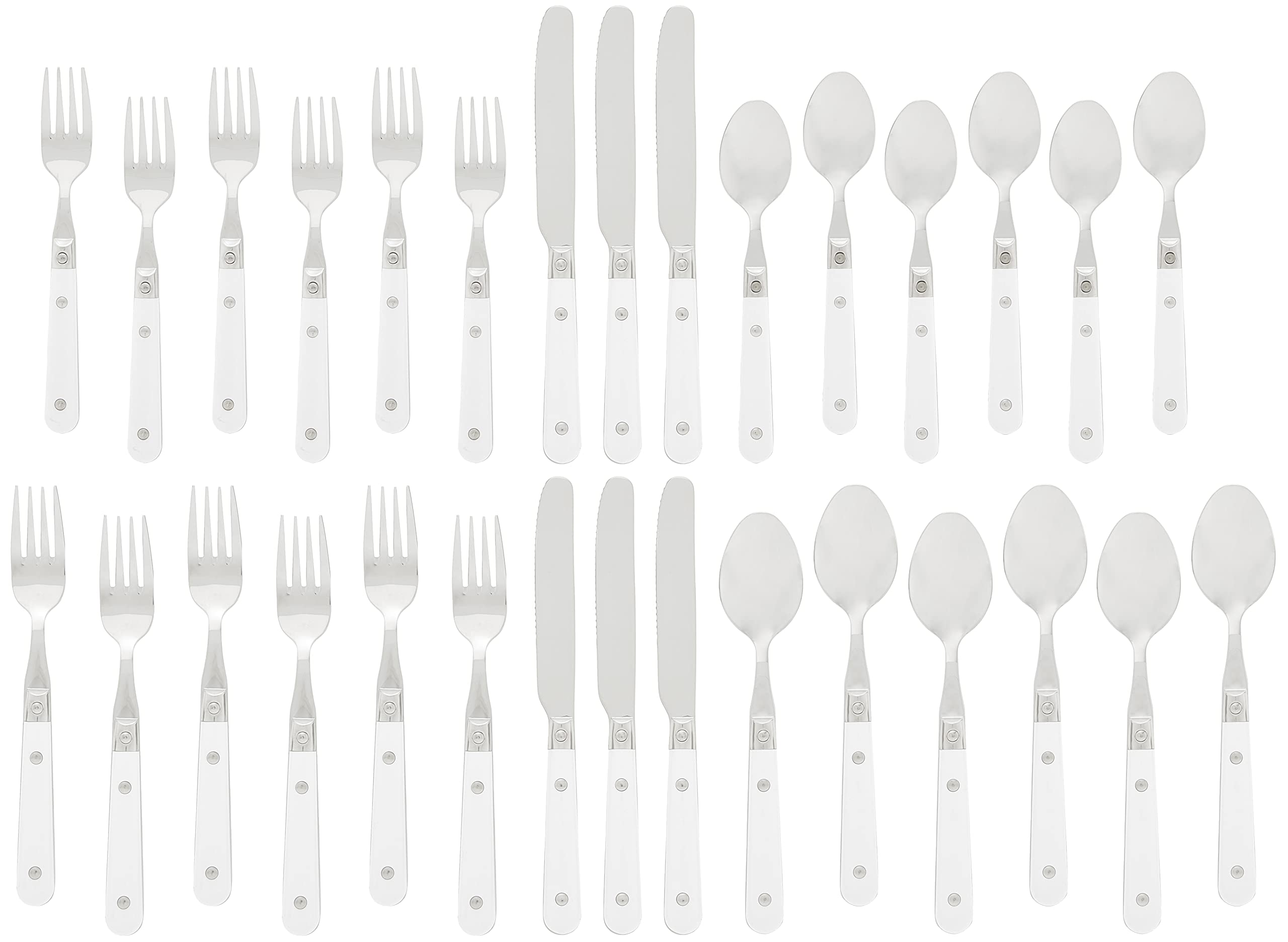 Ginkgo 30-Piece Stainless Steel Flatware Set, Service for 6, White, Model 22703, Dishwasher-Safe