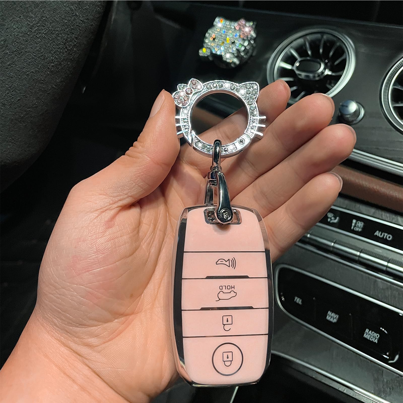 Pangpai Pink Key Fob Cover Set for Kia Forte, Niro, Optima, Sorento, Soul, Sportage - Bling Keychain, Push to Start Button Cover