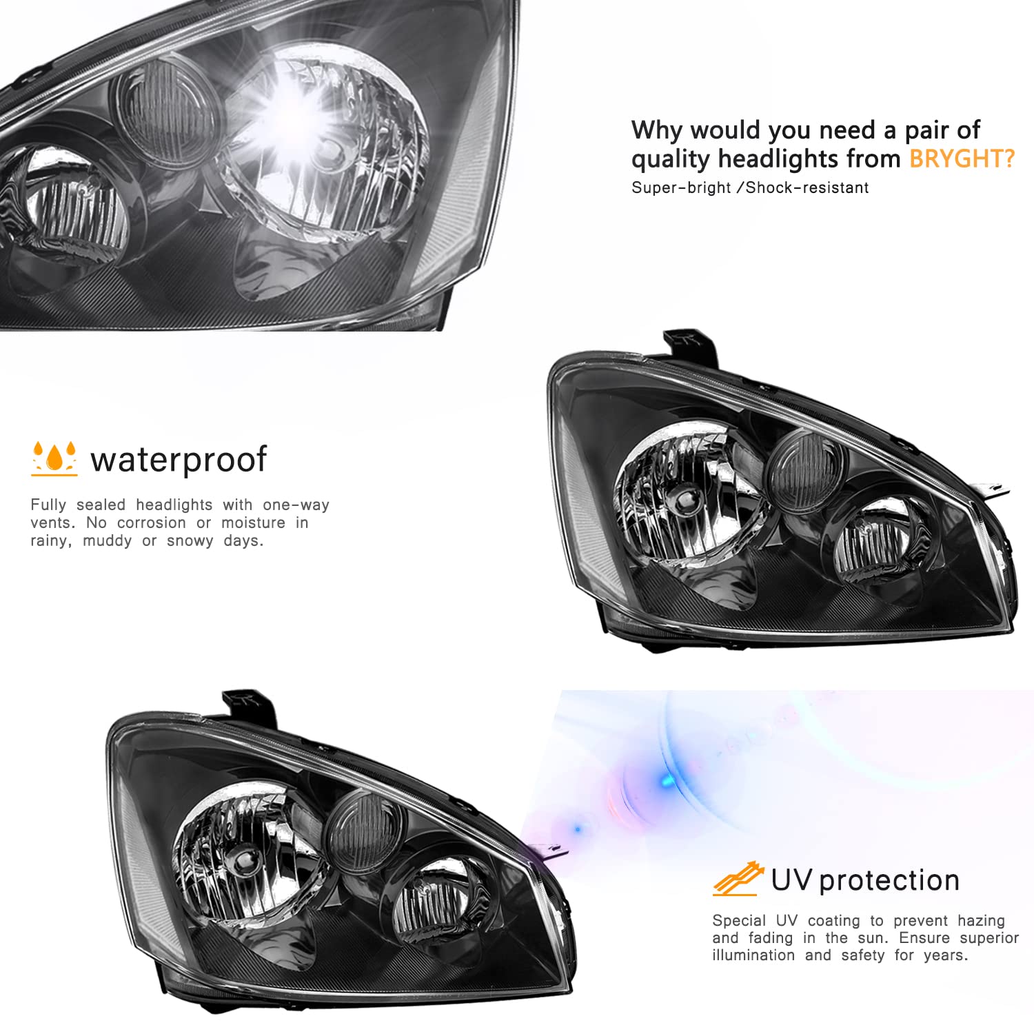 Bryght Headlight Assembly For 2005 2006 Nissan Altima Ome Style Headlamp Replacement Passenger And Driver Side (Black Housing With Clear Reflector)