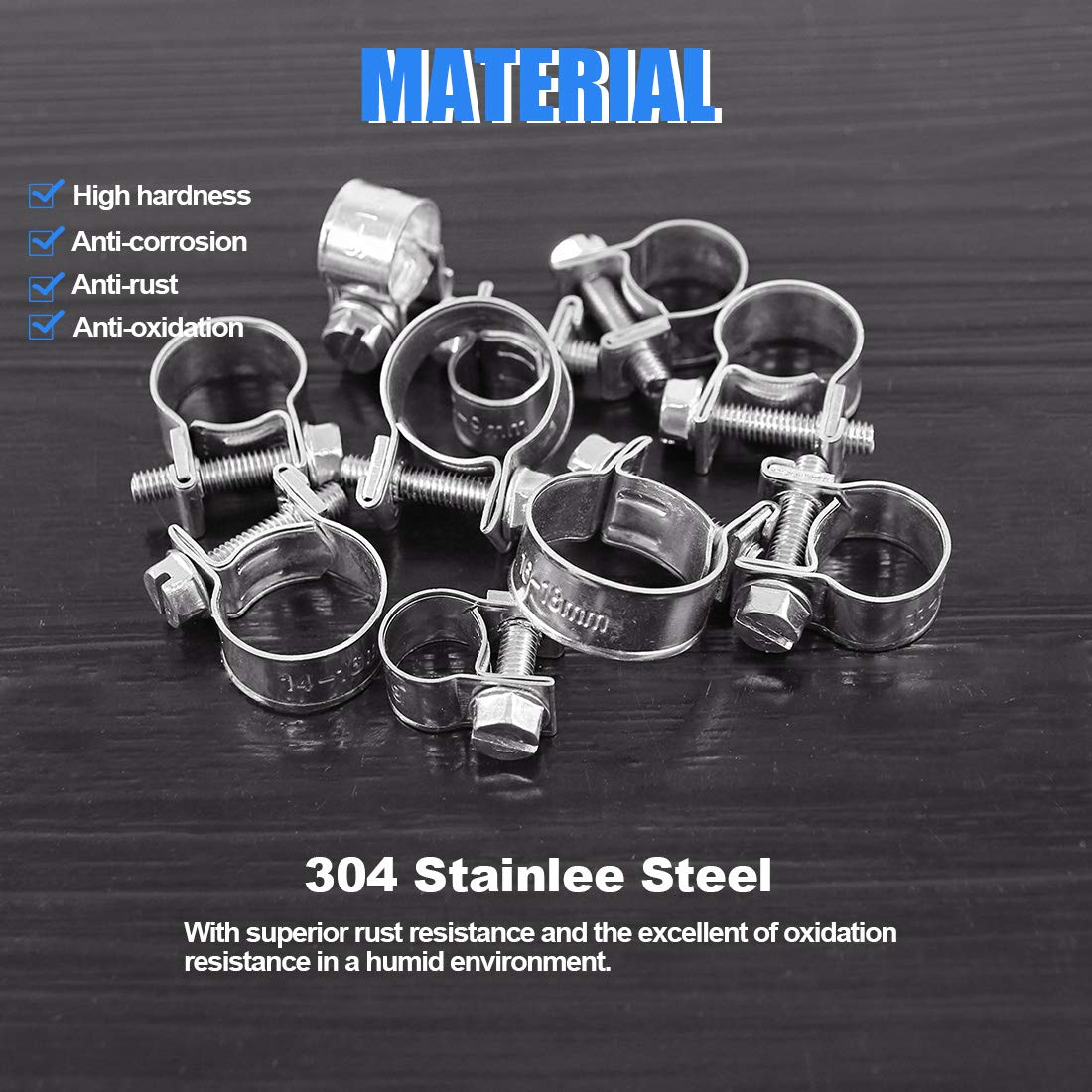 Glarks 50Pcs 7-18Mm Stainless Steel Mini Fuel Injection Hose Clamps Adjustable Pipe Hose Clip Tube Clamps Assortment Kit (Hose C