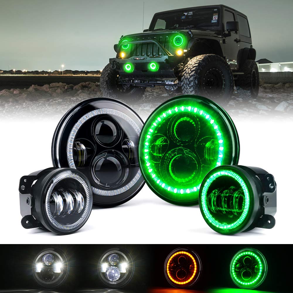 Xprite 7'' 90W Led Headlights & 4 Inch 60W Fog Lights Combo W/Green Halo Angel Eye Compatible With 2007-2018 Jeep Wrangler Jk, D