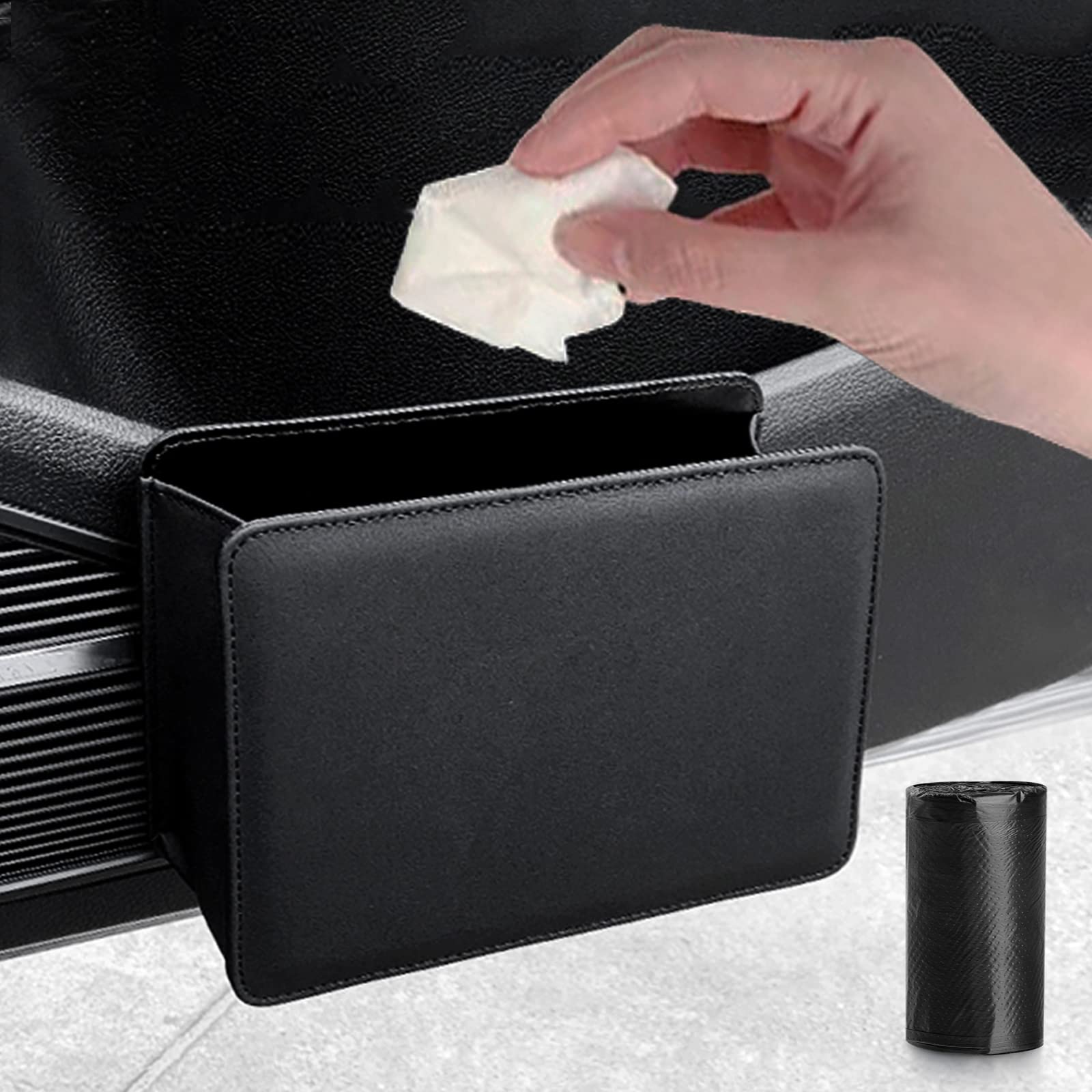 Accmor Car Trash Can, Leather Vehicle Trash Bin Car Dustbin Garbage Organizer Holder With One Roll Trash Bag, Foldable Hanging M