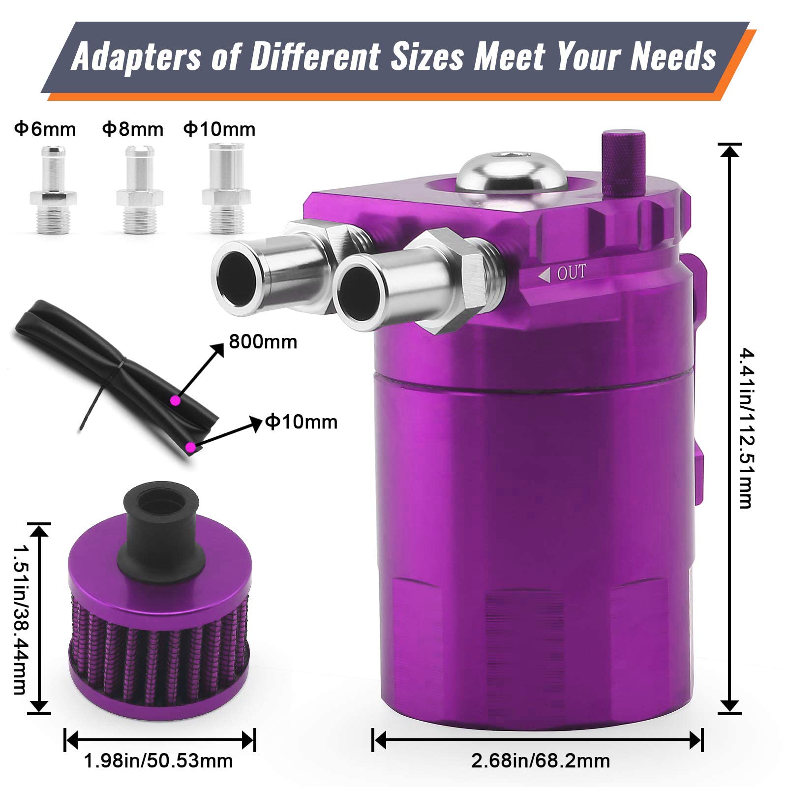 Muge Racing Universal Oil Catch Can Tank Kit Polish Baffled Reservoir With Breather Filter With 3/8'' Fuel Line, Aluminum, Purpl