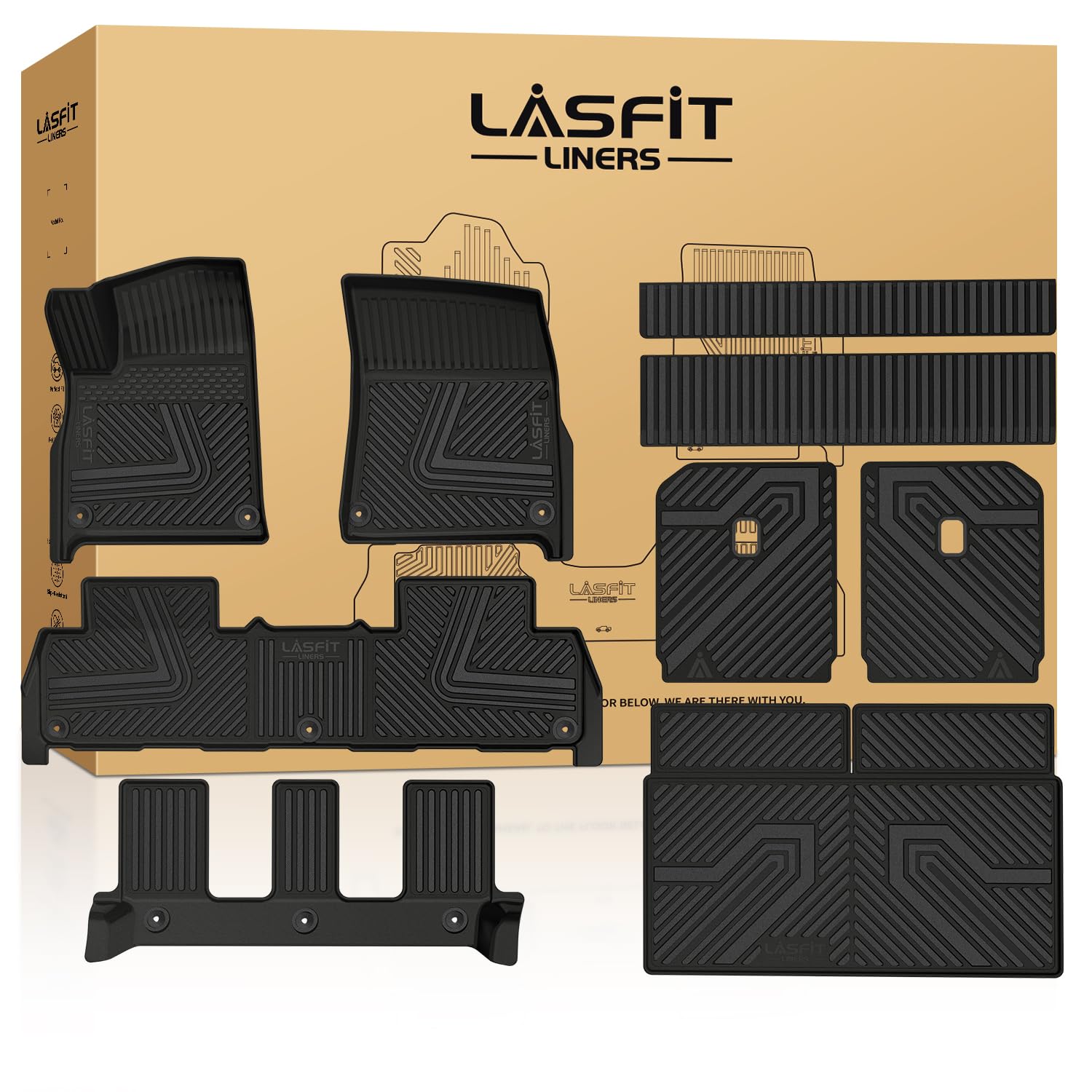 Lasfit Floor Mats & Cargo Mat & Backrest Mat For Rivian R1S 2022-2024 (For 7 Seats Only) All Weather Tpe Mats Custom Fit Floor L