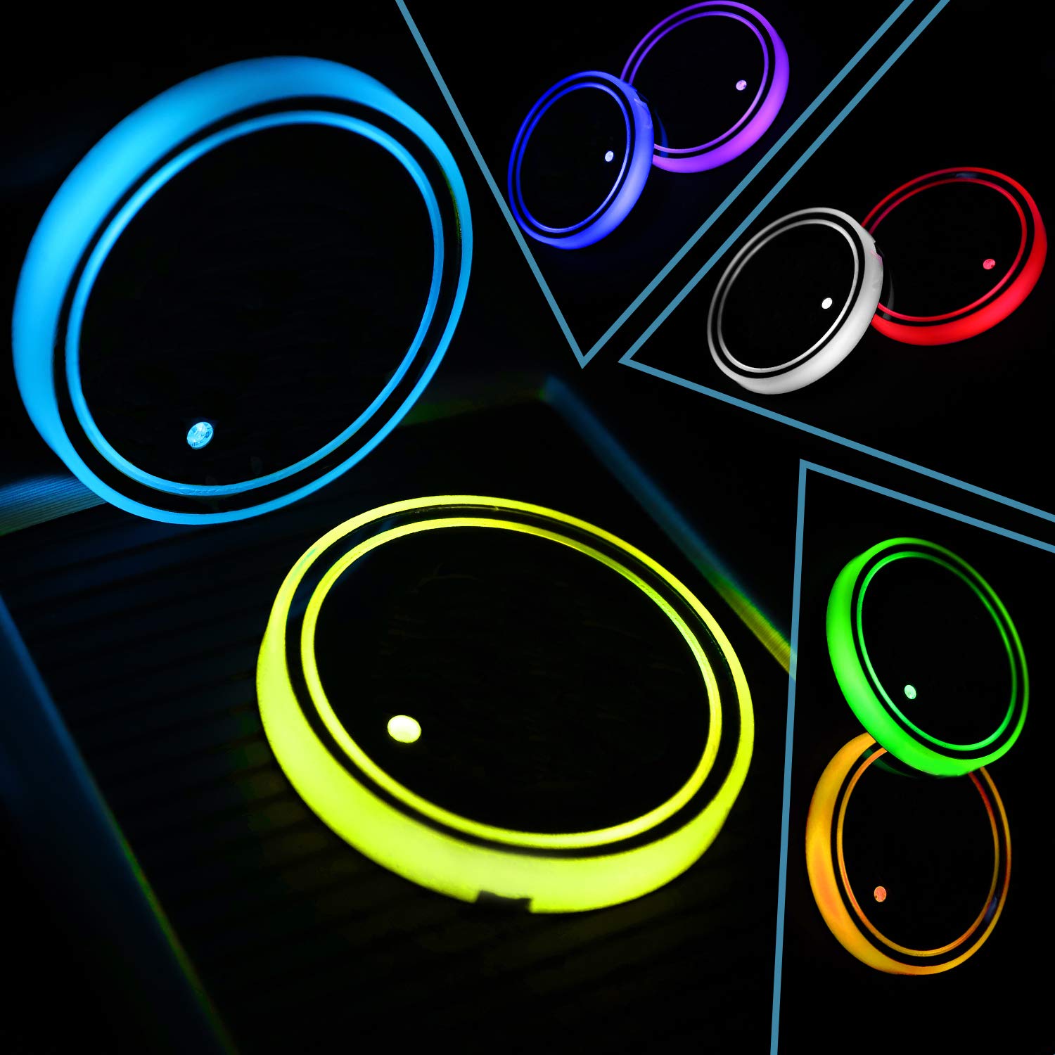 ACODABLEM 2 Pack LED Cup Holder Lights, Car Coaster with 7 Colors Changing USB Charging Mat, Luminescent Cup Pad Interior Atmosp