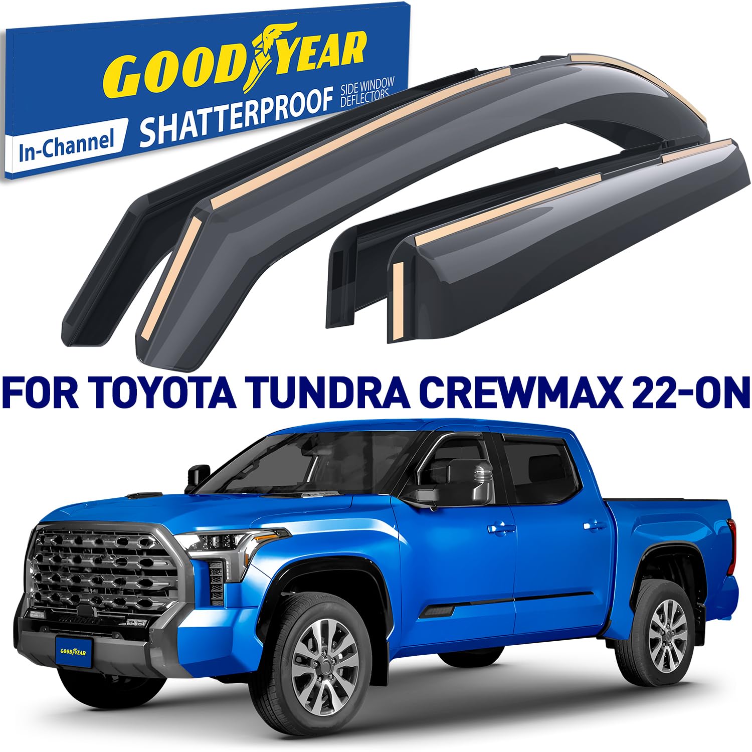 Goodyear Shatterproof In-Channel Window Deflectors For Toyota Tundra 2022-2025 Crewmax, Rain Guards, Window Visors For Cars, Ven
