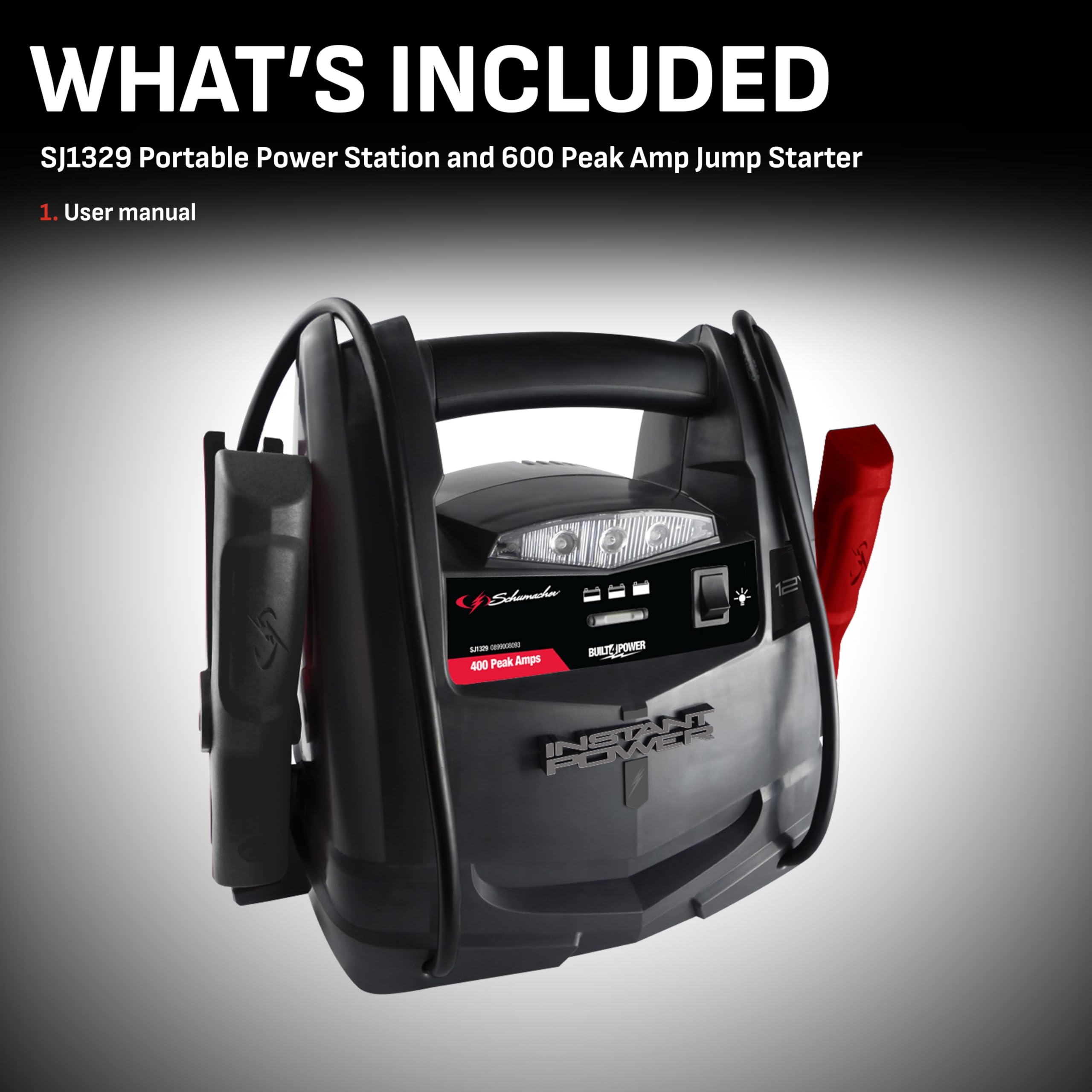 Schumacher SJ1329 Jump Starter - 600 Peak Amps, 12V Portable Power for Motorcycles & 4-6 Cylinder Cars, Black