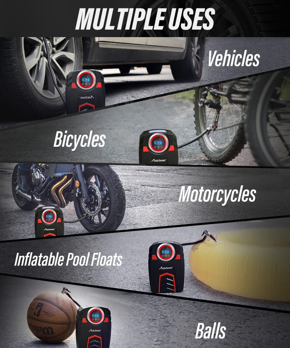 Avid Power 12V Dc Air Compressor W/Digital Pressure Gauge, Car Tire Pump W/Led Light, Auto Shut-Off Tire Inflator For Car, Bicyc