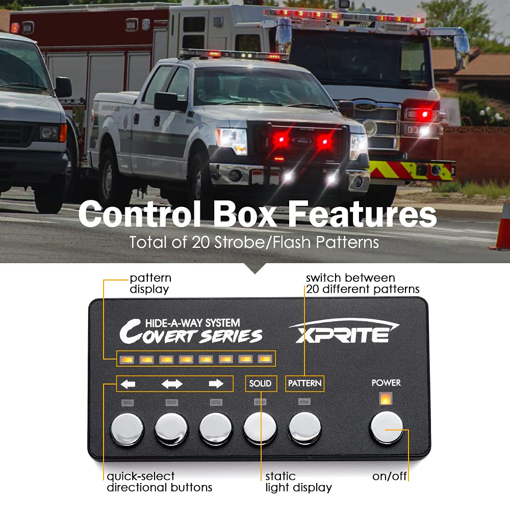 Xprite White Red Led Hideaway Strobe Lights Kit, 20 Flashing Patterns W/Control Panel Headlights Taillights Fog Light Interior M