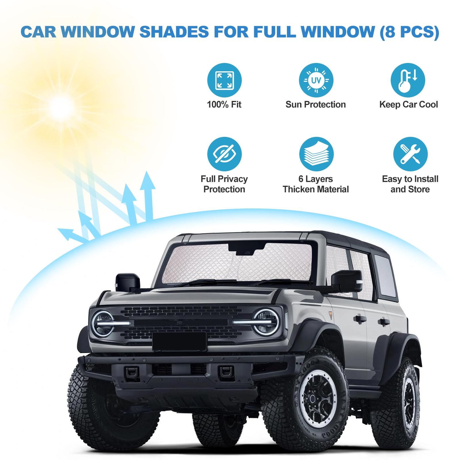 XCBYT 2021-2023 Bronco Window Shades | 6 Layers Thickened Car Window Covers | 2 in 1 Car Full Window Privacy Curtains | 100% Bla