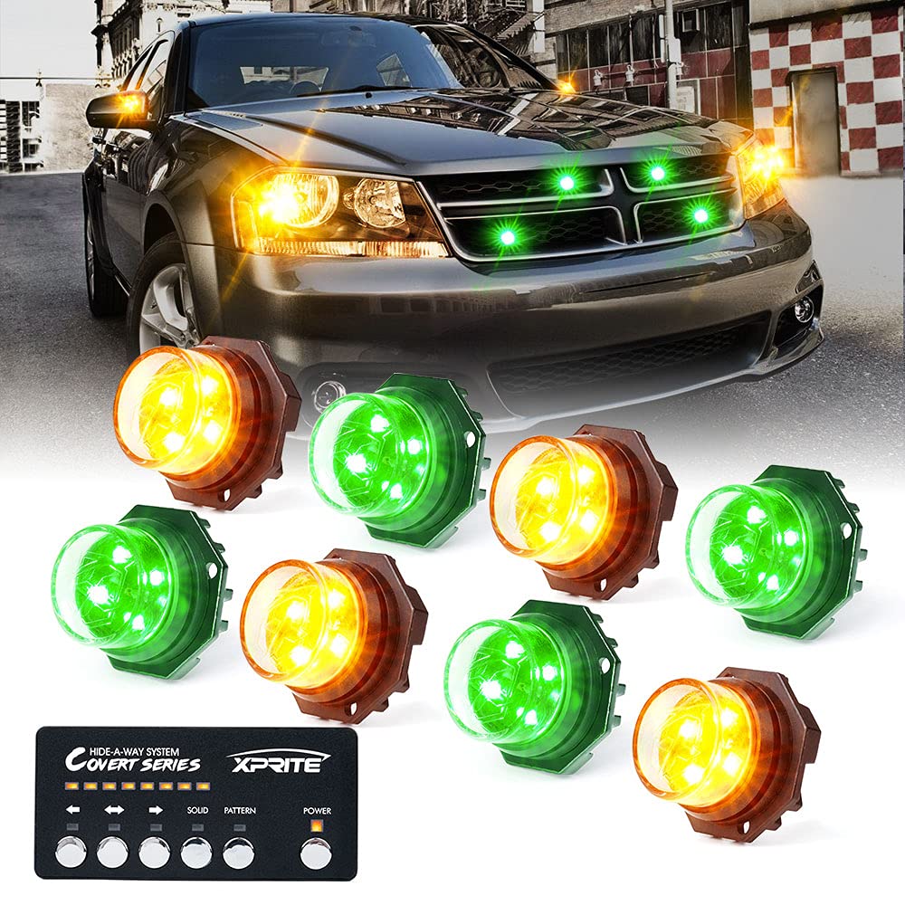 Xprite Amber Green Led Hideaway Strobe Lights Kit 20 Flashing Patterns W/Control Panel Headlights Taillights Fog Light Mounting,