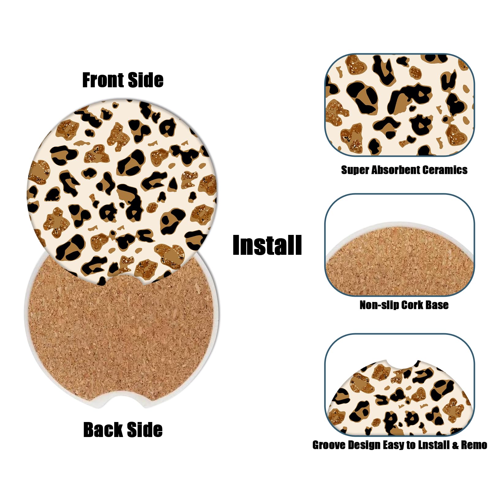 Car Cup Holder Coaster - Leopard Print Absorbent Ceramic Coaster, Car Coasters for Cup Holders, Auto Accessories for Women & Men