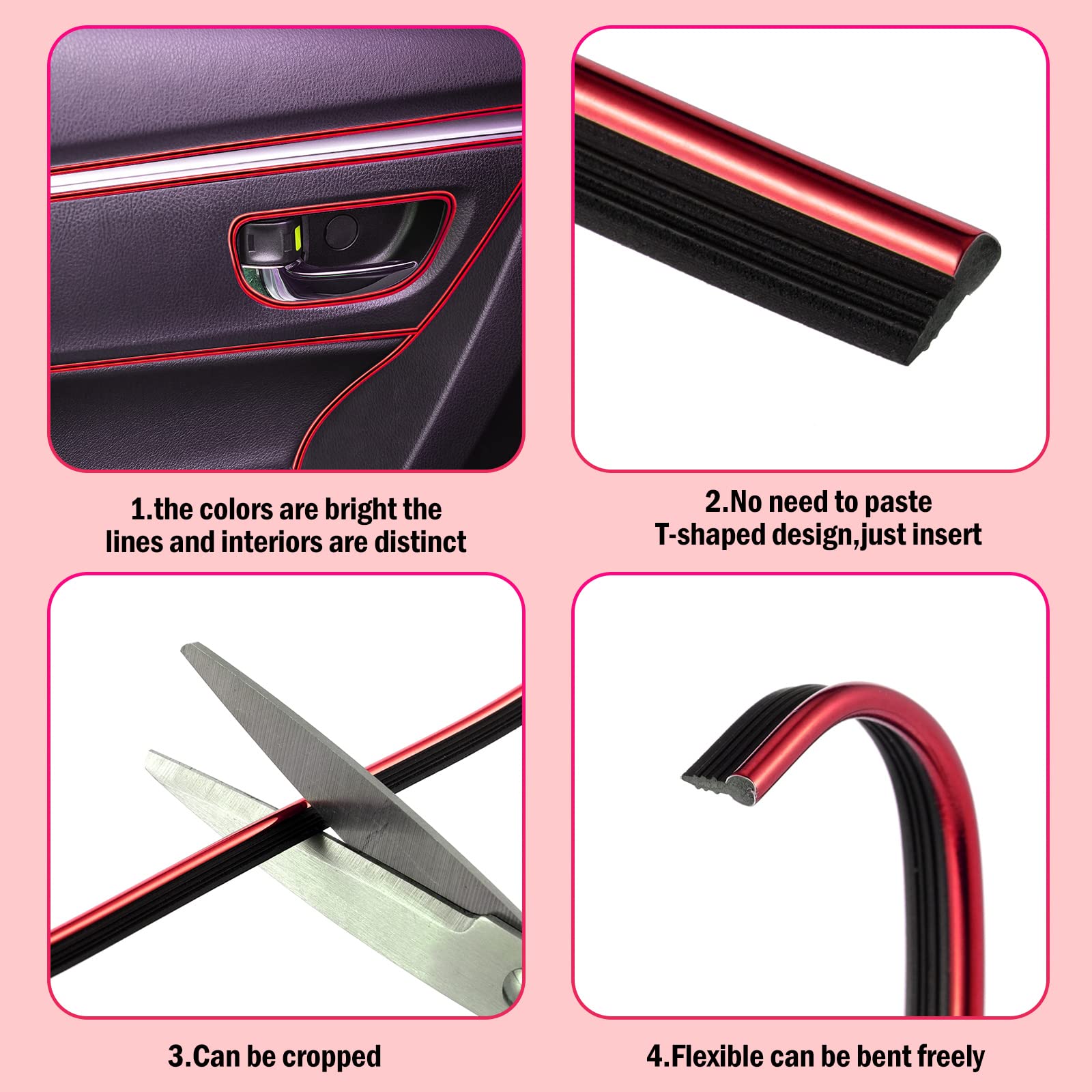Car Interior Moulding Trim Strips 32 Feet Universal Car Decoration Pinstriping Filler Insert Strips Styling Dashboard Decorative Diy Flexible Strip Garnish Accessory With Installing Tool (Red)