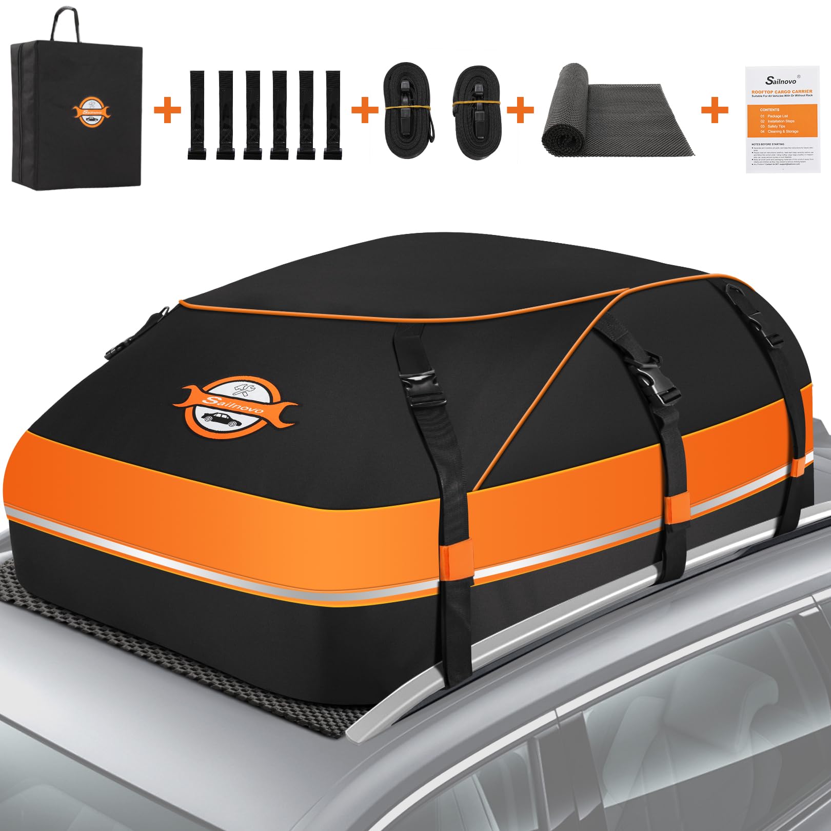 Sailnovo Rooftop Cargo Carrier, 15 Cubic Waterproof Soft-Shell Car Roof Cargo Carrier For Top Of Vehicle With/Without Roof Rack,