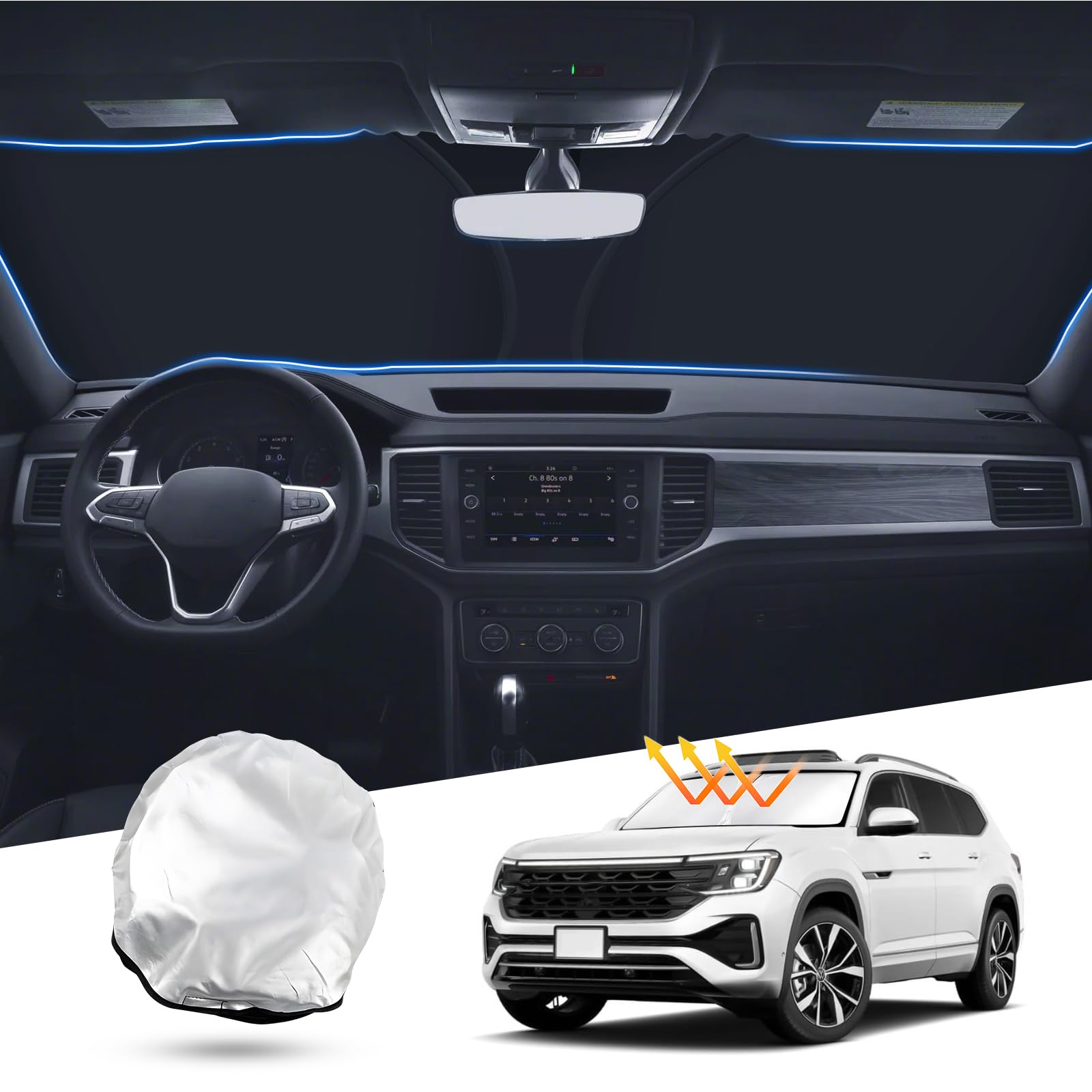 T Tgbros Windshield Sun Shade For Volkswagen Atlas 2018-2024 2025 Front Window Sun Shade Foldable Sun Shield Sun Visor Cover Blo