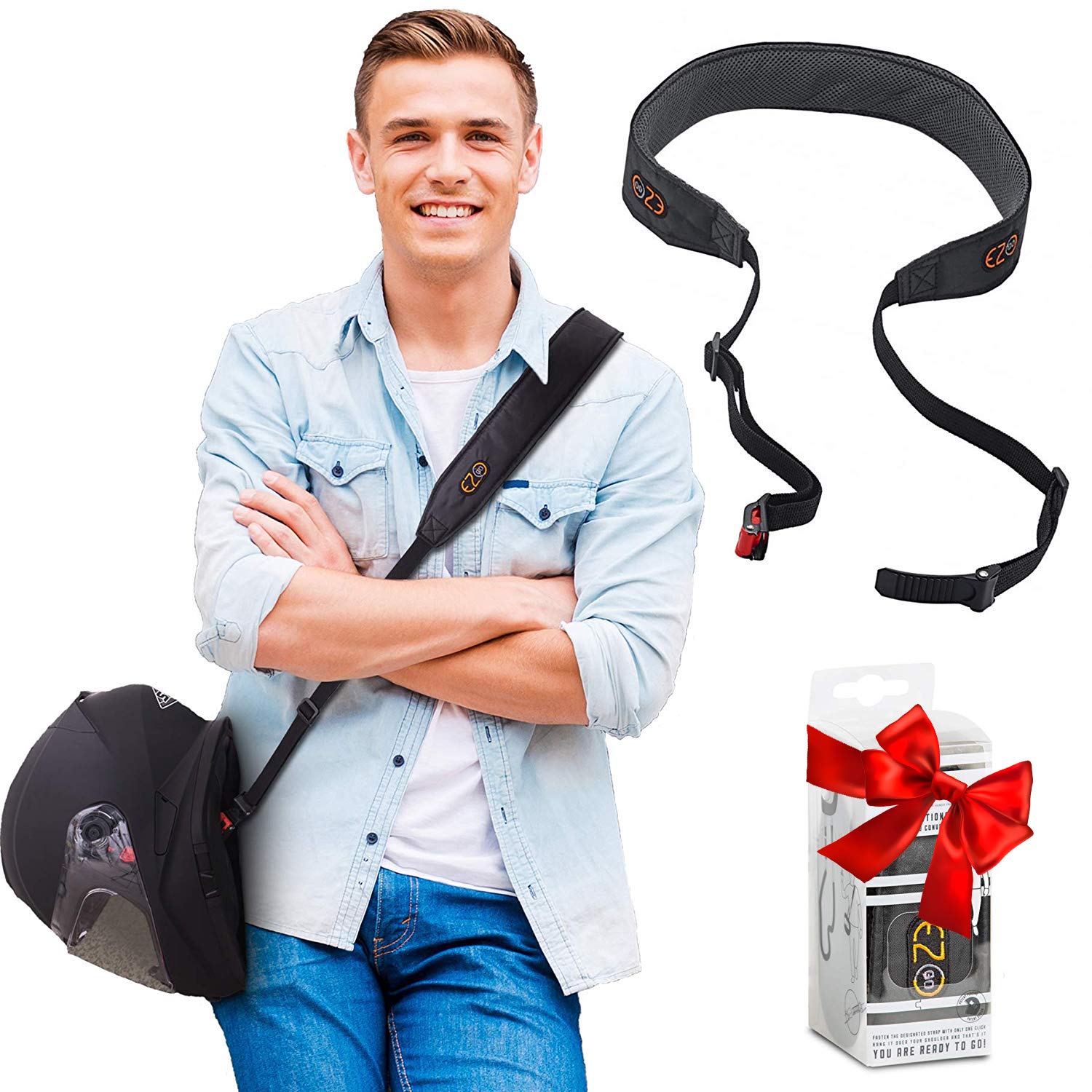 Motorcycle Helmet Carrier Strap - Hands-Free, Motorbike Accessory. Convenient, Lightweight And Comfortable Alternative To Helmet Bag. A Perfect Biker Gift For Men And Women. By Ez-Go (Black Strap)