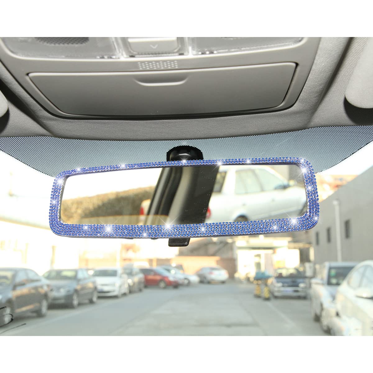 Bling Car Rear View Mirror, Rhinestones Crystal Clip-On Rearview Mirror With Hd Glass, Compatible With Most Cars, Suvs, Vehicles, Auto Interior Accessories For Women Girl (Blue)