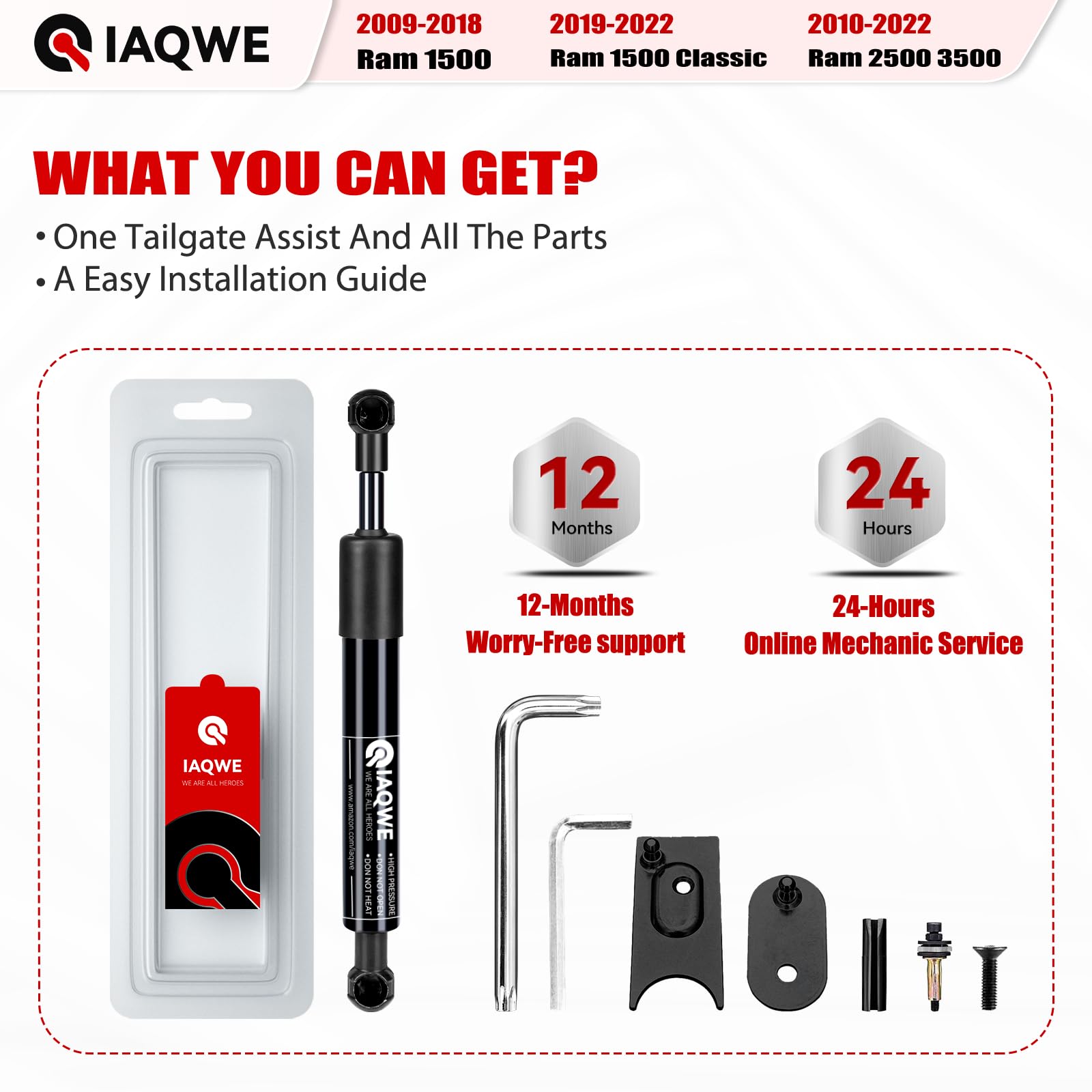 Truck Tailgate Assist 43301 Compatible With 2009-2018 Dodge Ram 1500, 2010-2024 Dodge Ram 2500/3500, 2019-2024 Dodge Ram 1500 Cl