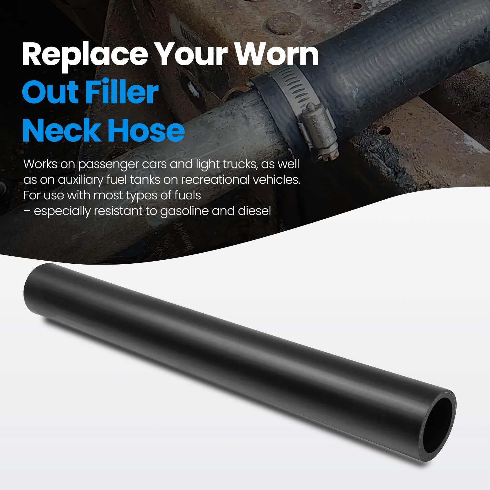 Tkkeuep 3' Length Gasoline Fuel Neck Hose With 4 Clamps, 2.25'' Inside Diameter Reinforced Gas Tank Filler Hose (Straight, 2.25'