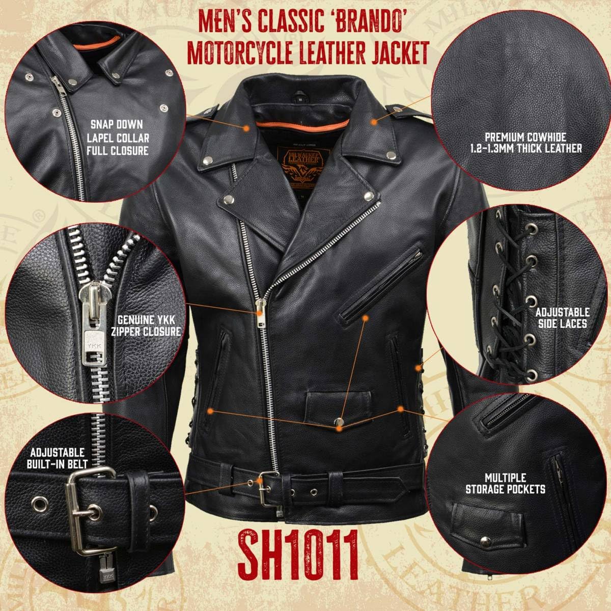 Milwaukee Leather Sh1011 Black Classic Brando Motorcycle Jacket For Men Made Of Cowhide Leather W/Side Lacing - X-Small