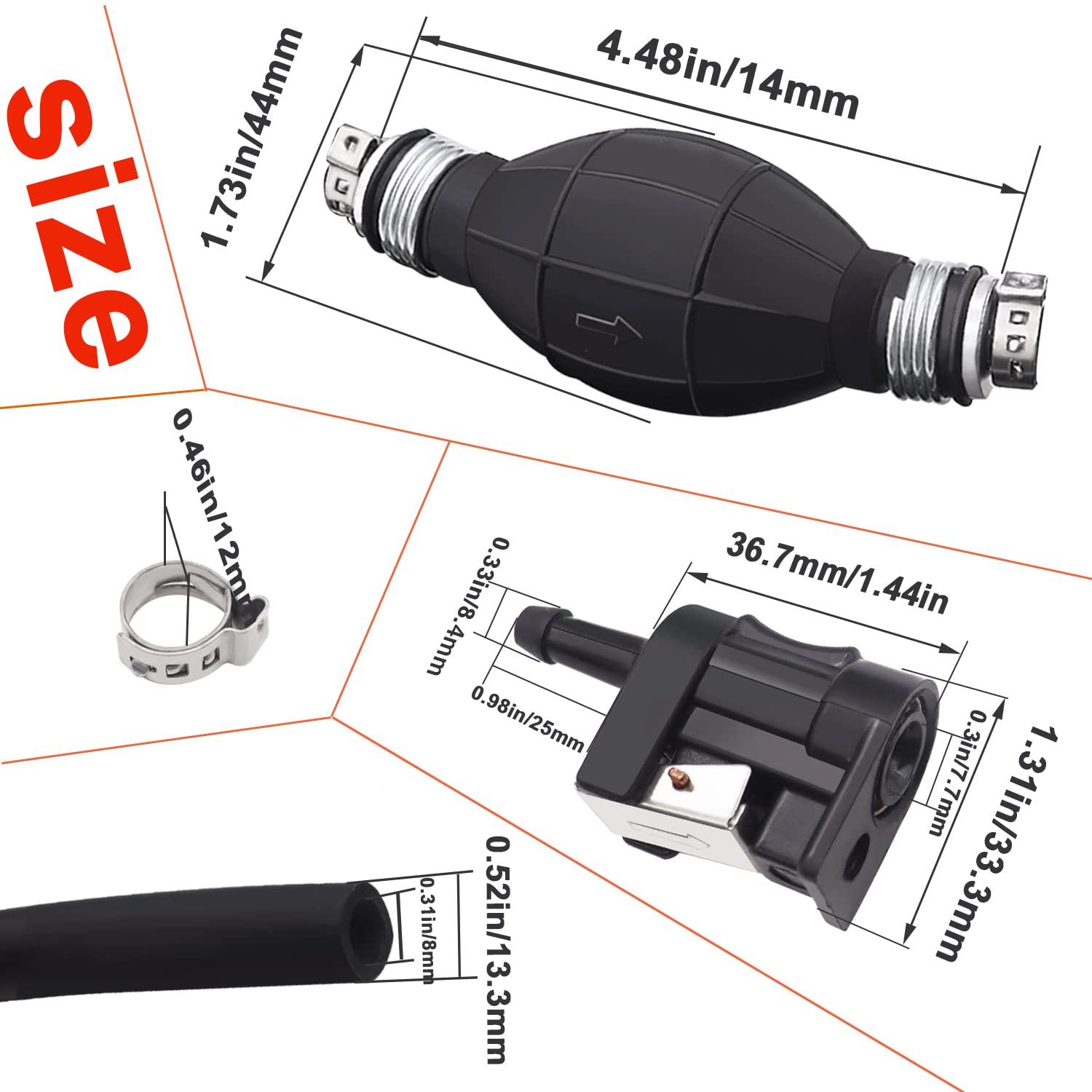 Taiss 6.56FT Boat Motor Fuel Line Hose Outboard Primer Bulb Assembly ID 5/16'' (8mm), with Snap Connector and Steel Hose Clamps