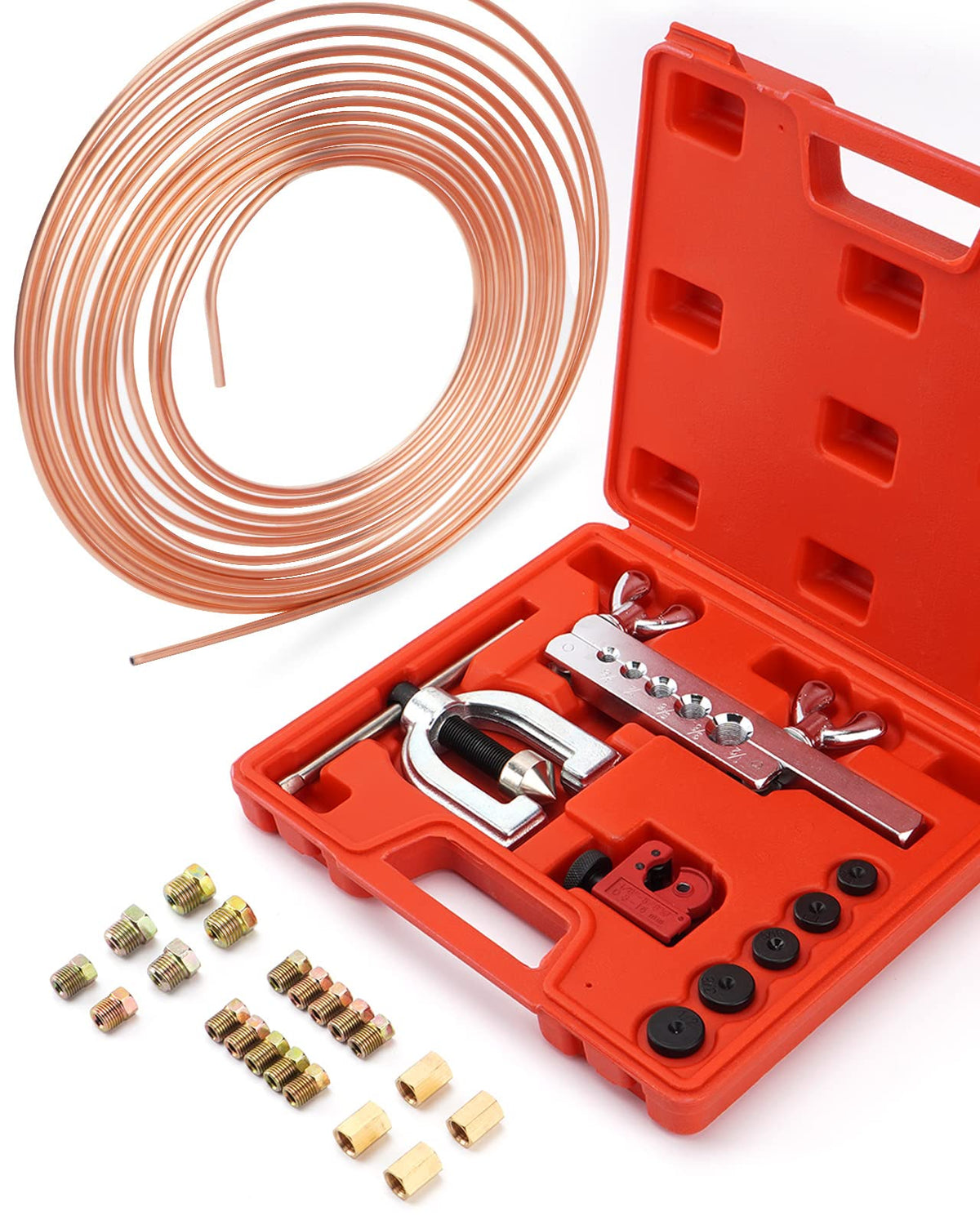 Racewill 25 Ft 3/16 Copper Coated Brake Line Kit (Includes 16 Fittings And 4 Unions Brake Line Fittings) + Double & Single Flaring Tool Kit