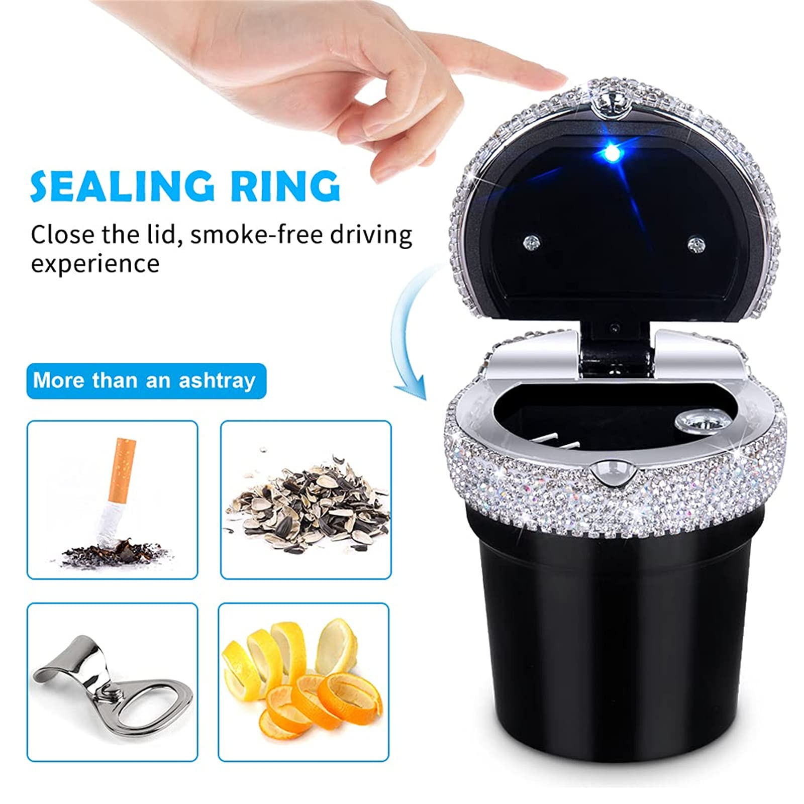 Eing Car Ashtray Portable Bling Cigarette Smokeless Cylinder Cup Holder With Blue Led Light Indicator,Car Accessories For Women,