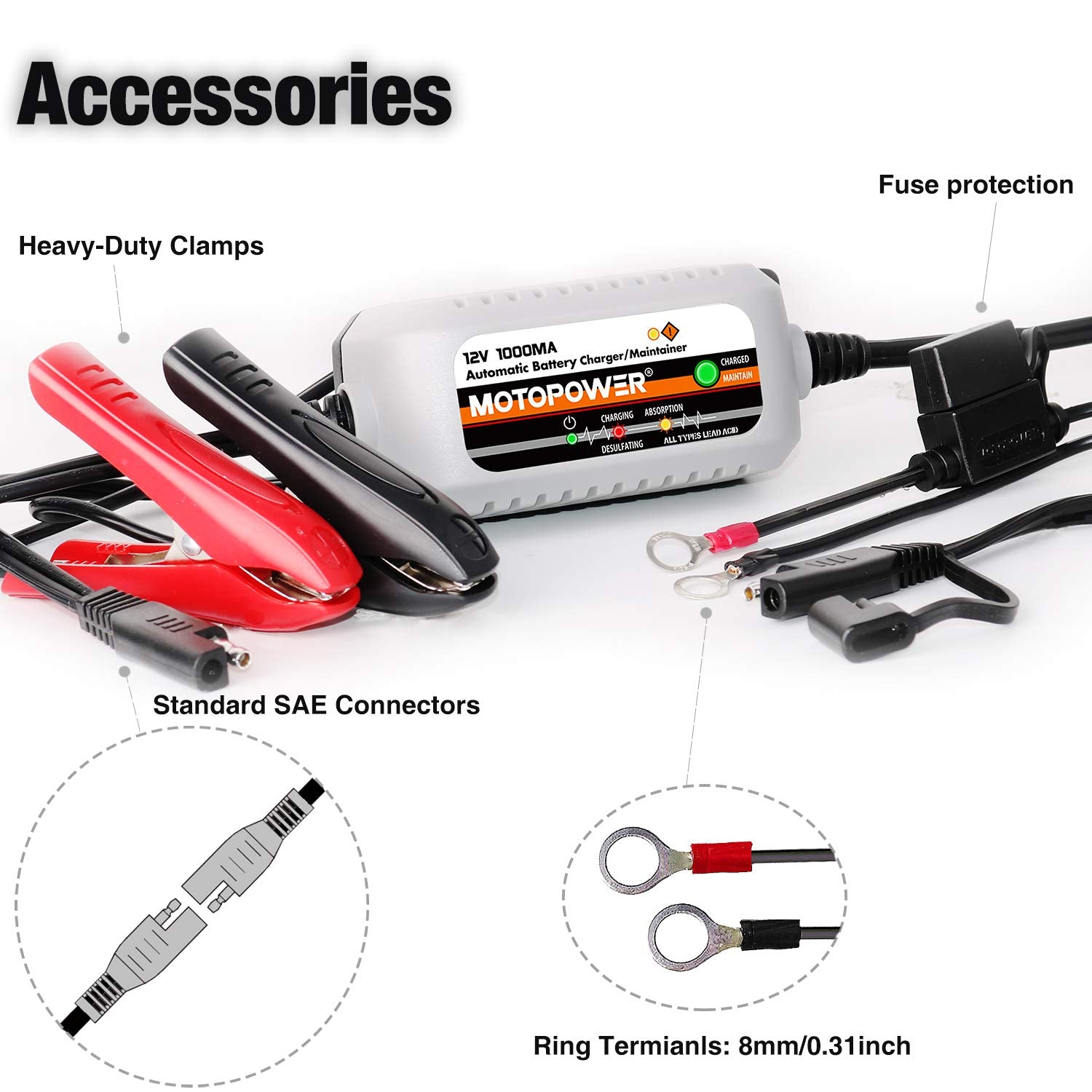 Motopower Mp00205B 12V 1000Ma Automatic Battery Charger, Battery Maintainer, Trickle Charger, And Battery Desulfator With Timer Protection - Grey