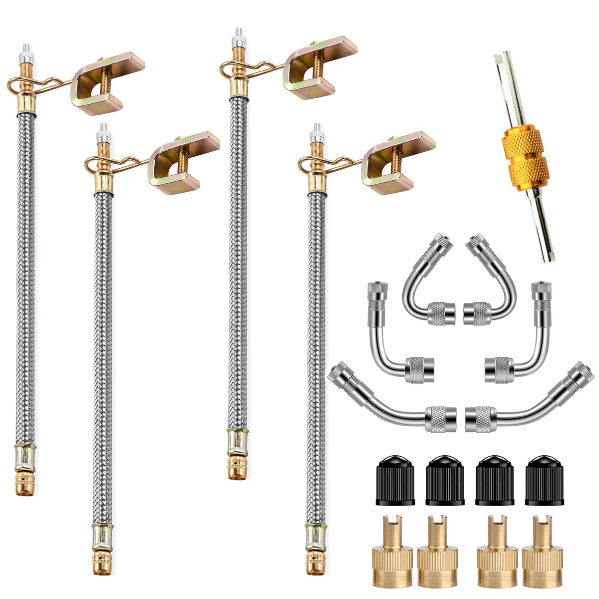 Valve Stem Extenders,4Pcs 12Inch/300Mm Dual Flexible Stainless Steel Braided Valve Stem Extensions,6Pieces 45 90 135 Degree Bras