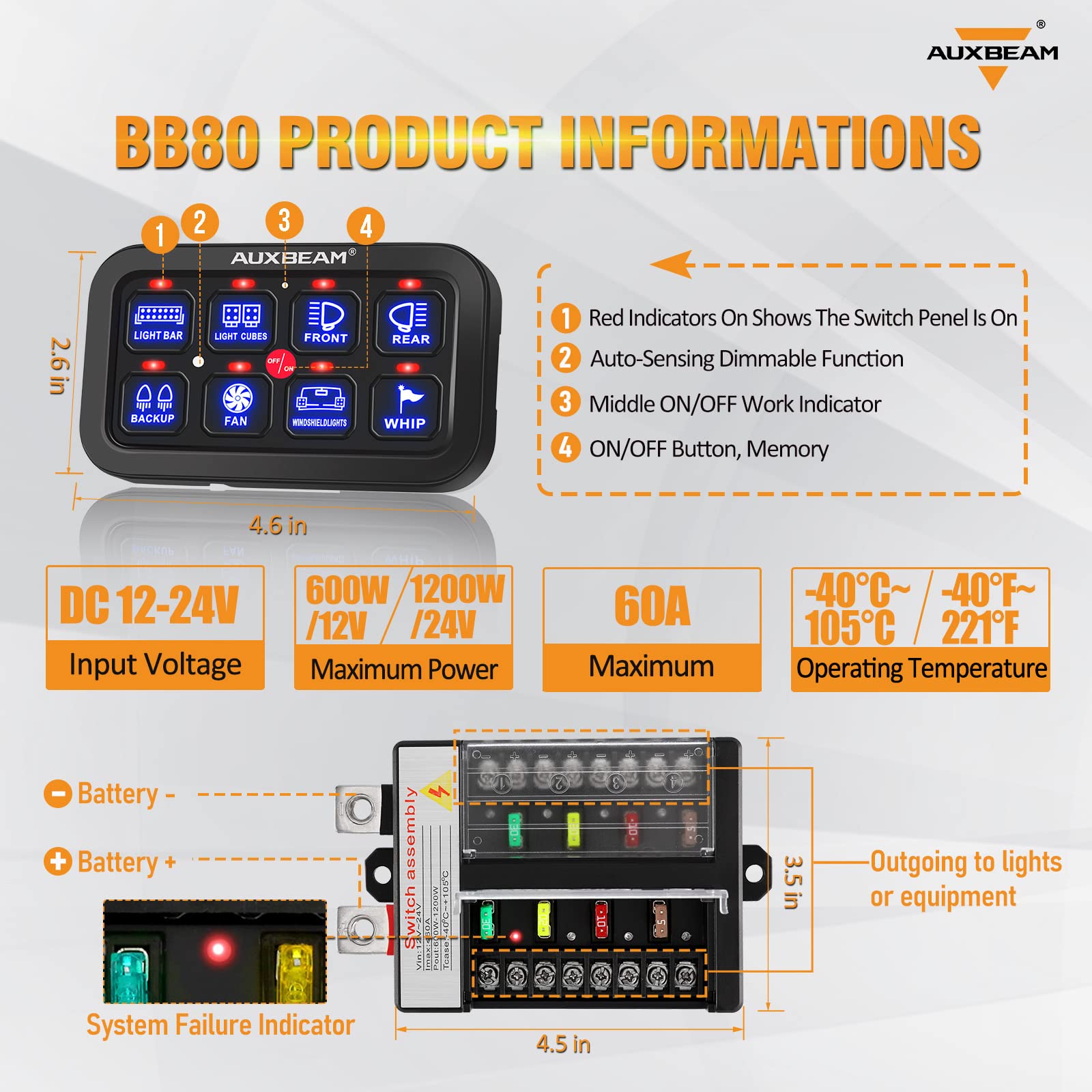Auxbeam 8 Gang Switch Panel Bb80, Universal Circuit Control Relay System Box With Automatic Dimmable On-Off Led Switch Pod Touch