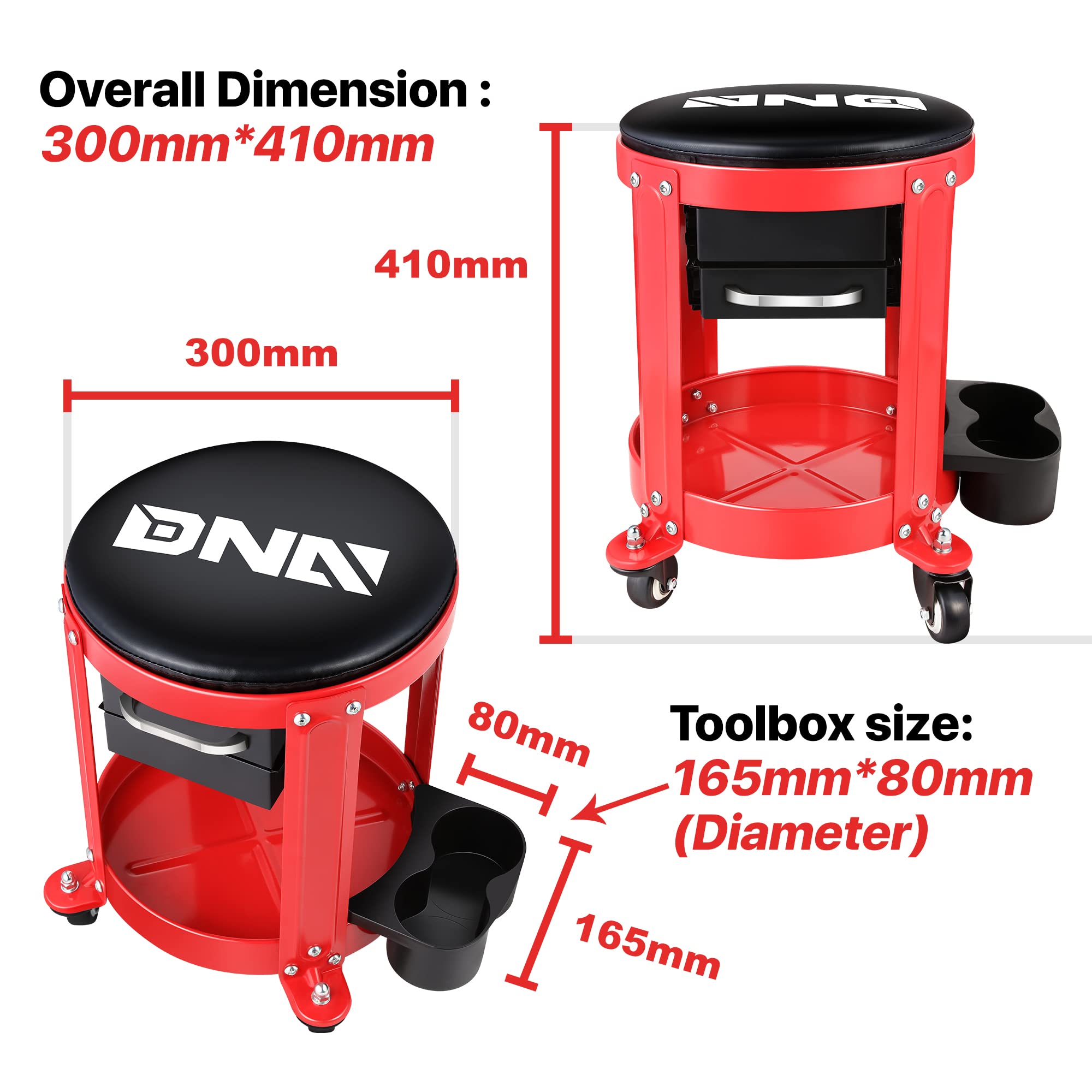 Dna Motoring Tools-00197 Round Mechanics Roller Seat Creeper Stool With Padded Cushion, Tool Storage Drawer & Tray, 300 Lbs Max