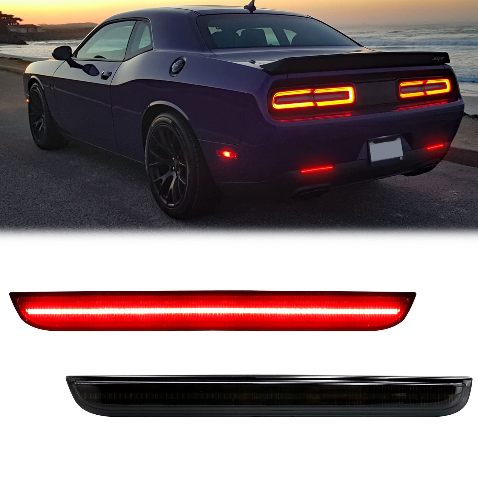 R&F Auto Led Rear Bumper Reflector Lights Compatible With Challenger 2015-2022 Smoked Lens Red Tail Rear Bumper Reflector Brake 