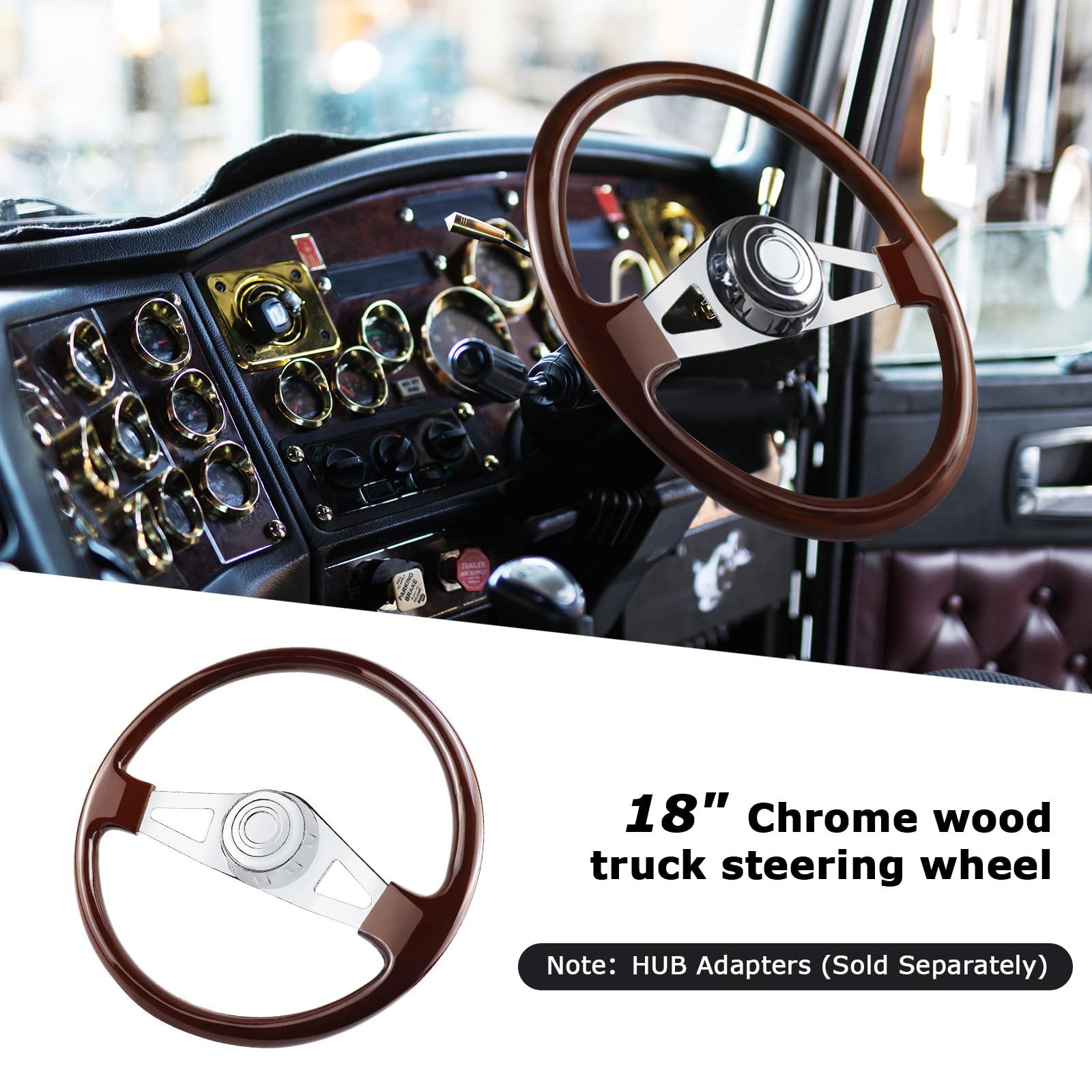 QYMOPAY 18'''' Solid Wood Truck Steering Wheel 2 Spoke Aluminum Chrome Plated for Semi-Trailers,Trucks for Kenworth,Peterbilt,Vo
