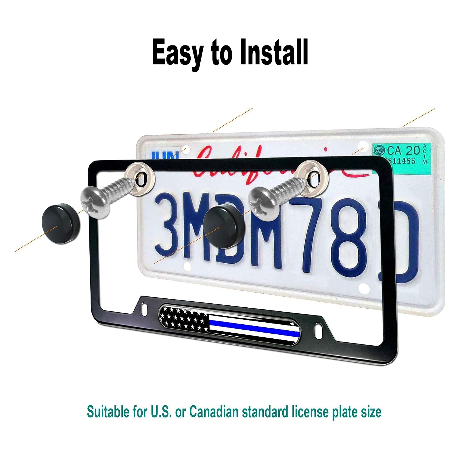 Aootf Police Thin Blue Line License Plate Frames- 2 Pack American Flag Matte Black Aluminum Patriotic Car Tag Cover Holder With