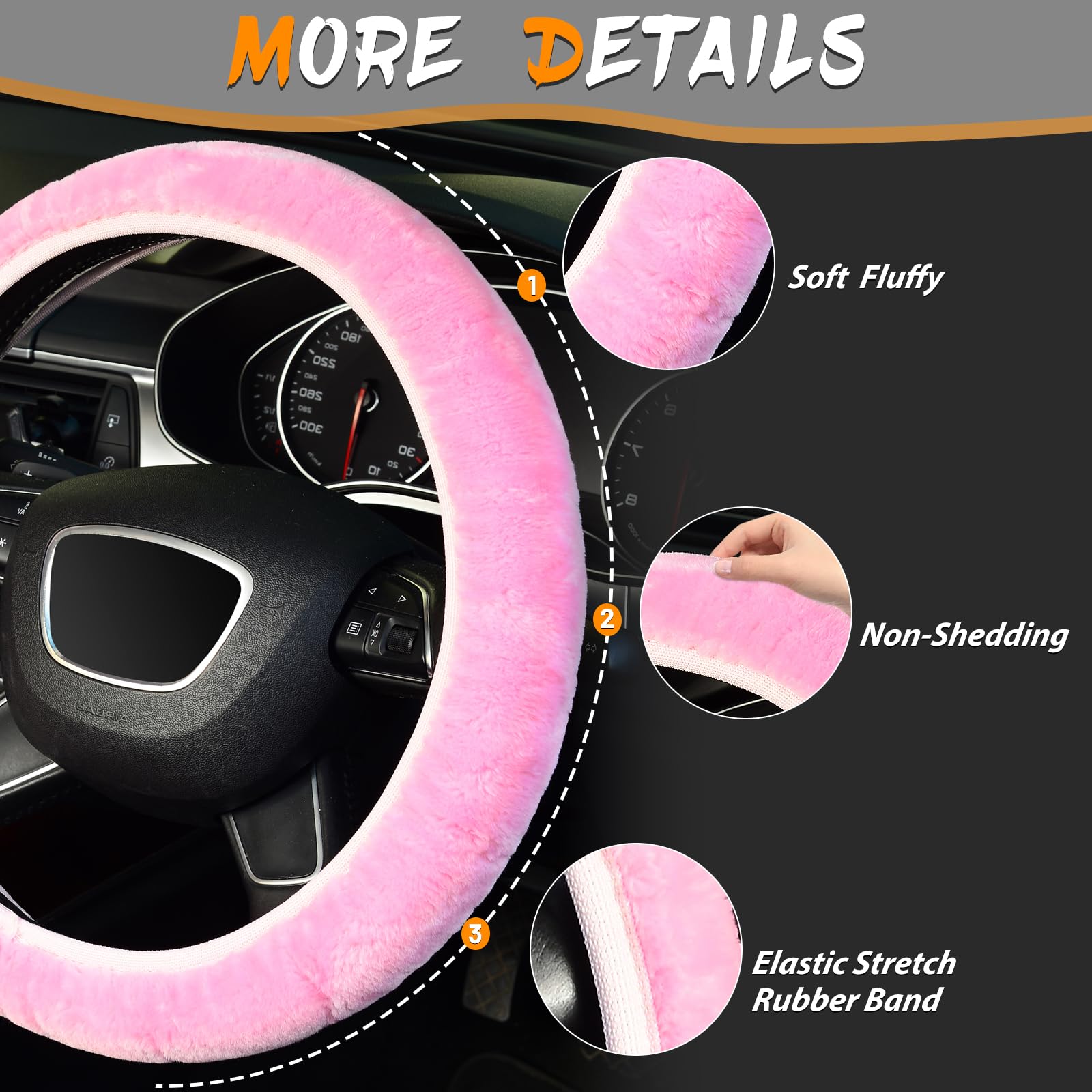 Kafeek Pink Elastic Fuzzy Steering Wheel Cover,Microfiber Plush Steering Wheel Cover For Woman Girl,Winter Warm, Universal 15 In