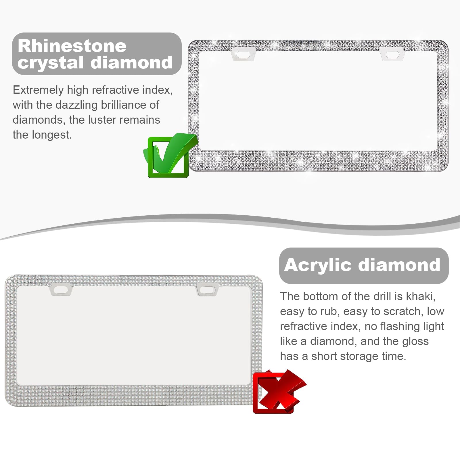 Quanqiufei 2 Pack Bling License Plate Frames For Women, Sparkly Rhinestone Diamond Car Accessories With Glitter Crystal Caps (Si