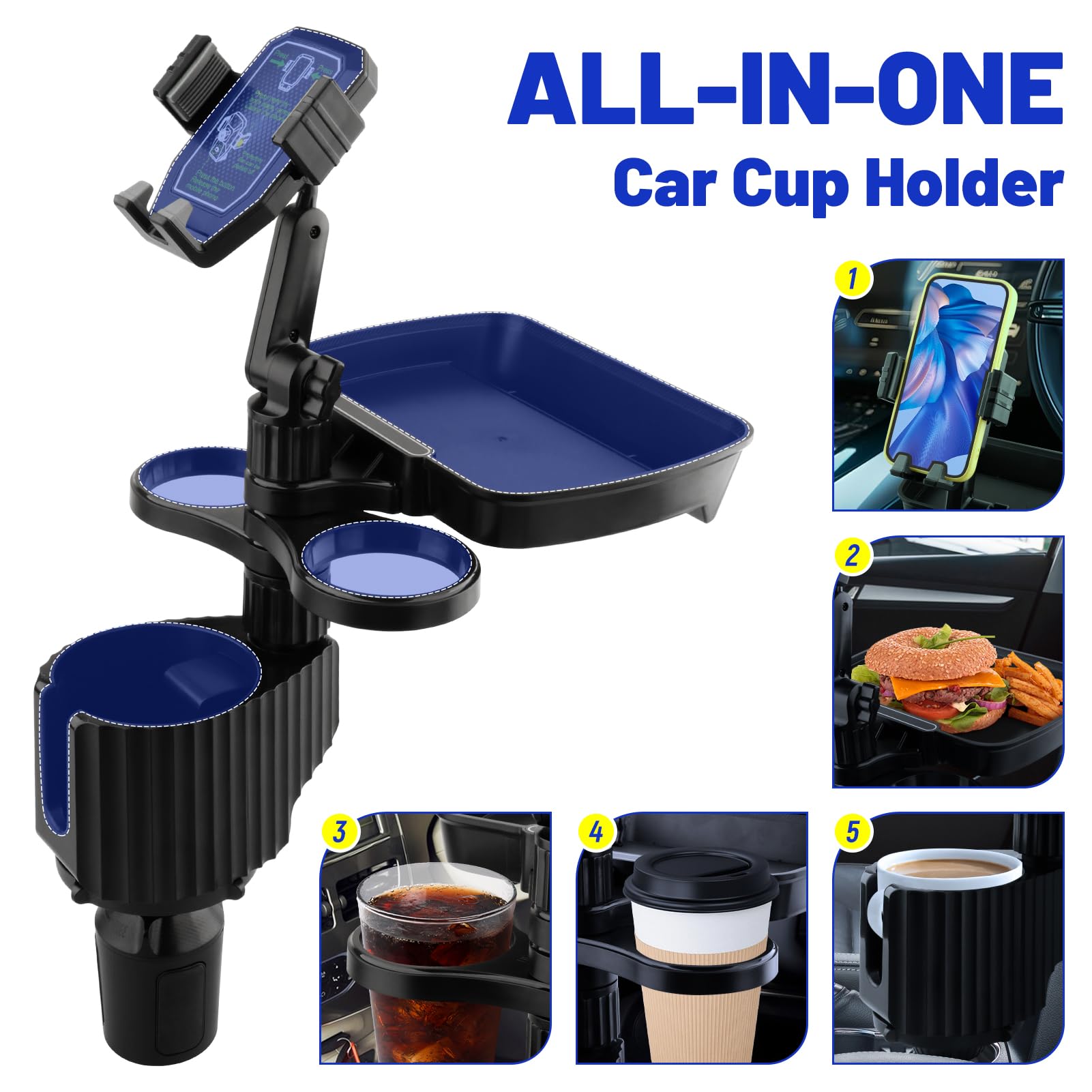 Bvdfgk Car Cup Holder Tray - Adjustable Car Cup Holder Phone Mount With Food Tray 5 In 1 Swivel Expander For All Purpose, Automo
