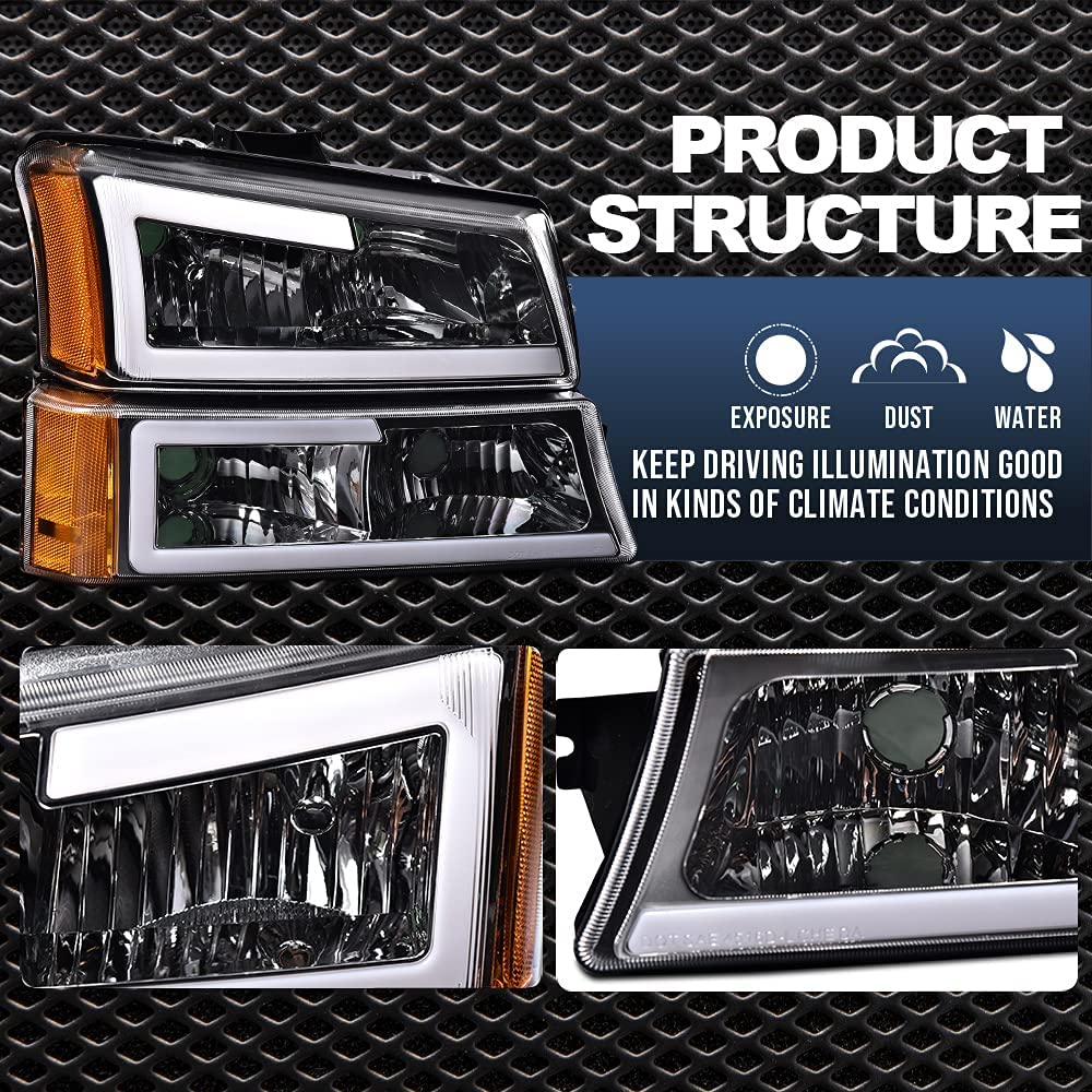 G-Plus Led Drl Front Headlights, Compatible With 2003-2006 Chevy Silverado Avalanche 1500 2500 3500 Bumper Headlamp, Clear Lens