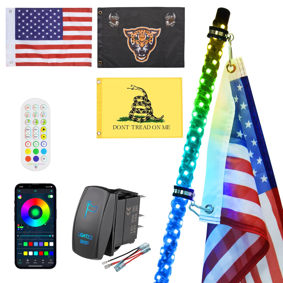 Ehaho 1 Pack 3Ft Whip Lights,Led Whip Light With App & Remote Control, Spiral Rgb Chasing Lighted Whips With Rocker Switch, Musi