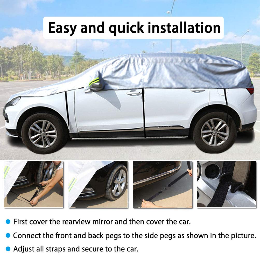 Konnfeir Half Car Cover All Weather Car Body Cover Sunshade Cover Snow Cover Waterproof Snowproof Universal 210D Oxford Fabric (Fit Mpv/Suv Length 185'' To 195'')