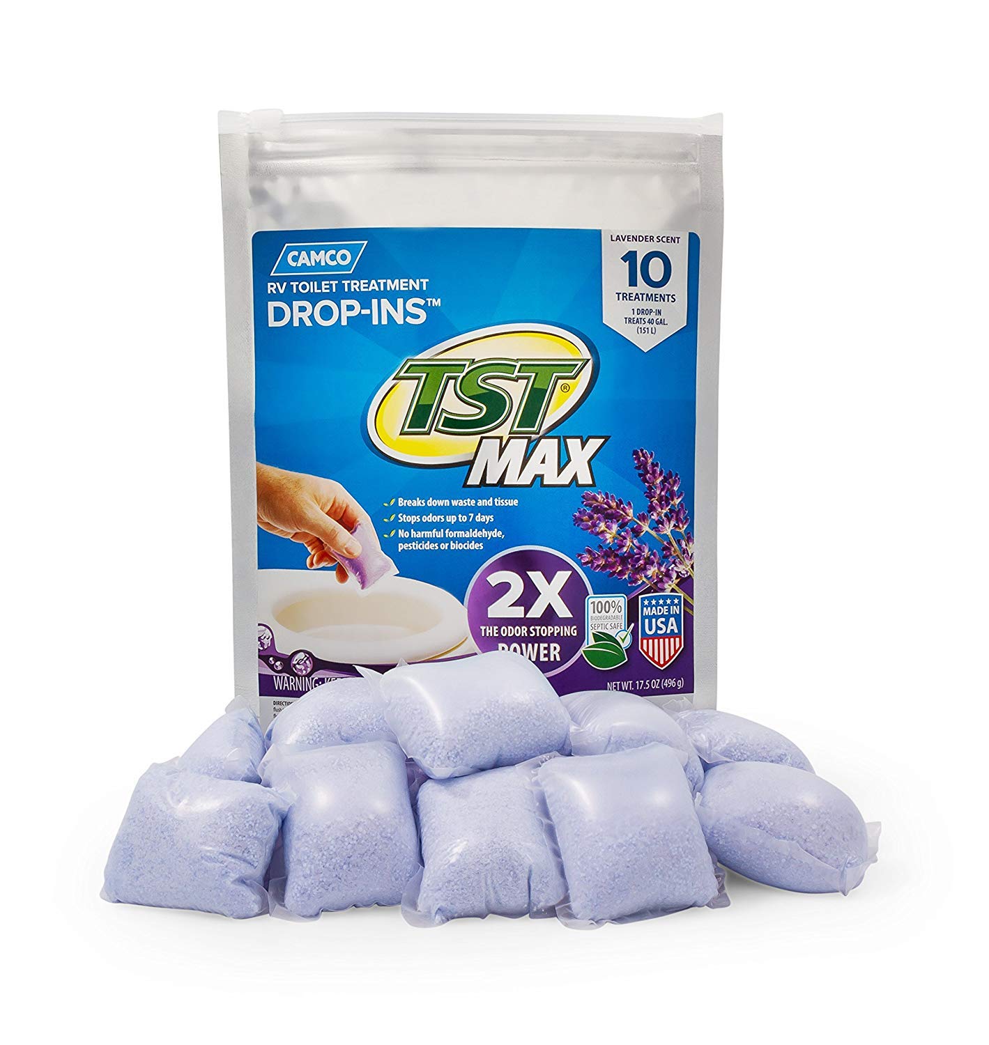Camco Tst Max Rv Toilet Treatment Drop-Ins - Control Unwanted Odors And Break Down Waste And Tissue - Septic Tank Safe - Lavende