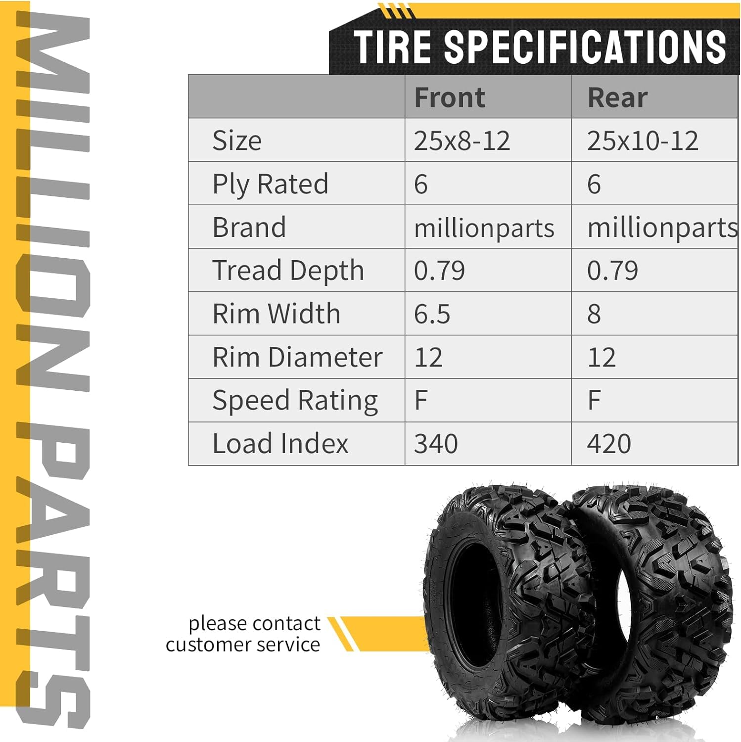 Complete Set Of 4 All Terrain Atv Utv Tires 25X8-12 Front & 25X10-12 Rear 6Pr Tubeless