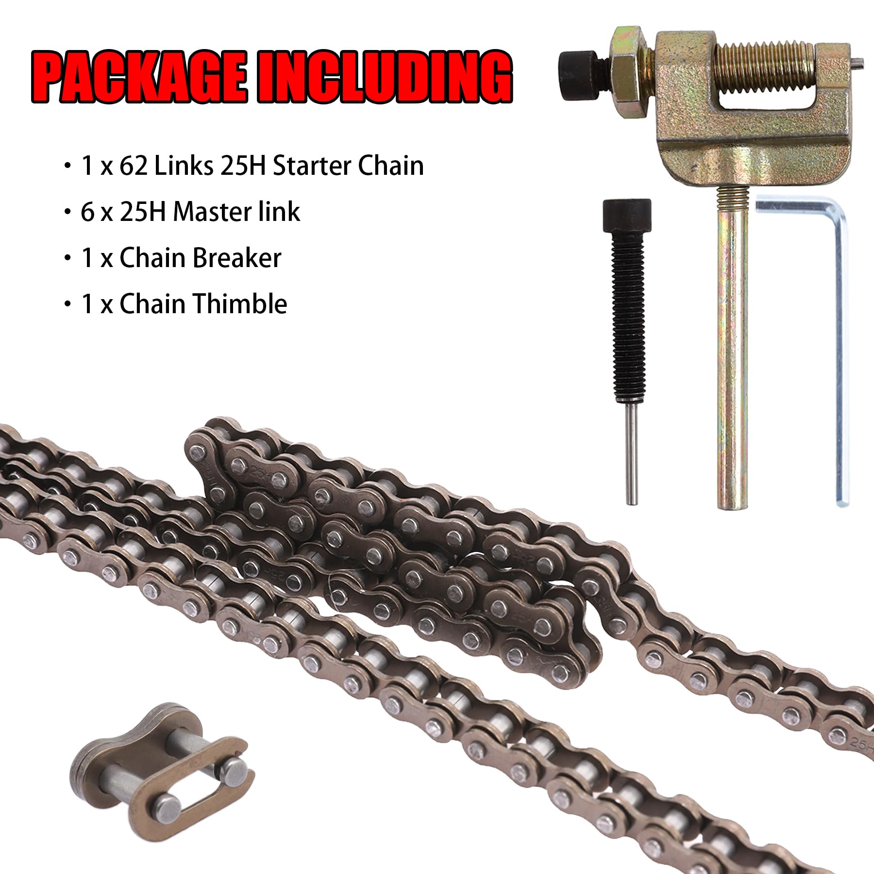 Stylemafia 25H 62 Links Starter Chain+ Chain Breaker, 25H 62 Links Starter Chain Rear Sprocket With Master Link Fit For 50Cc 70Cc 90Cc 110Cc Coolster 125Cc Electric Start Taotao