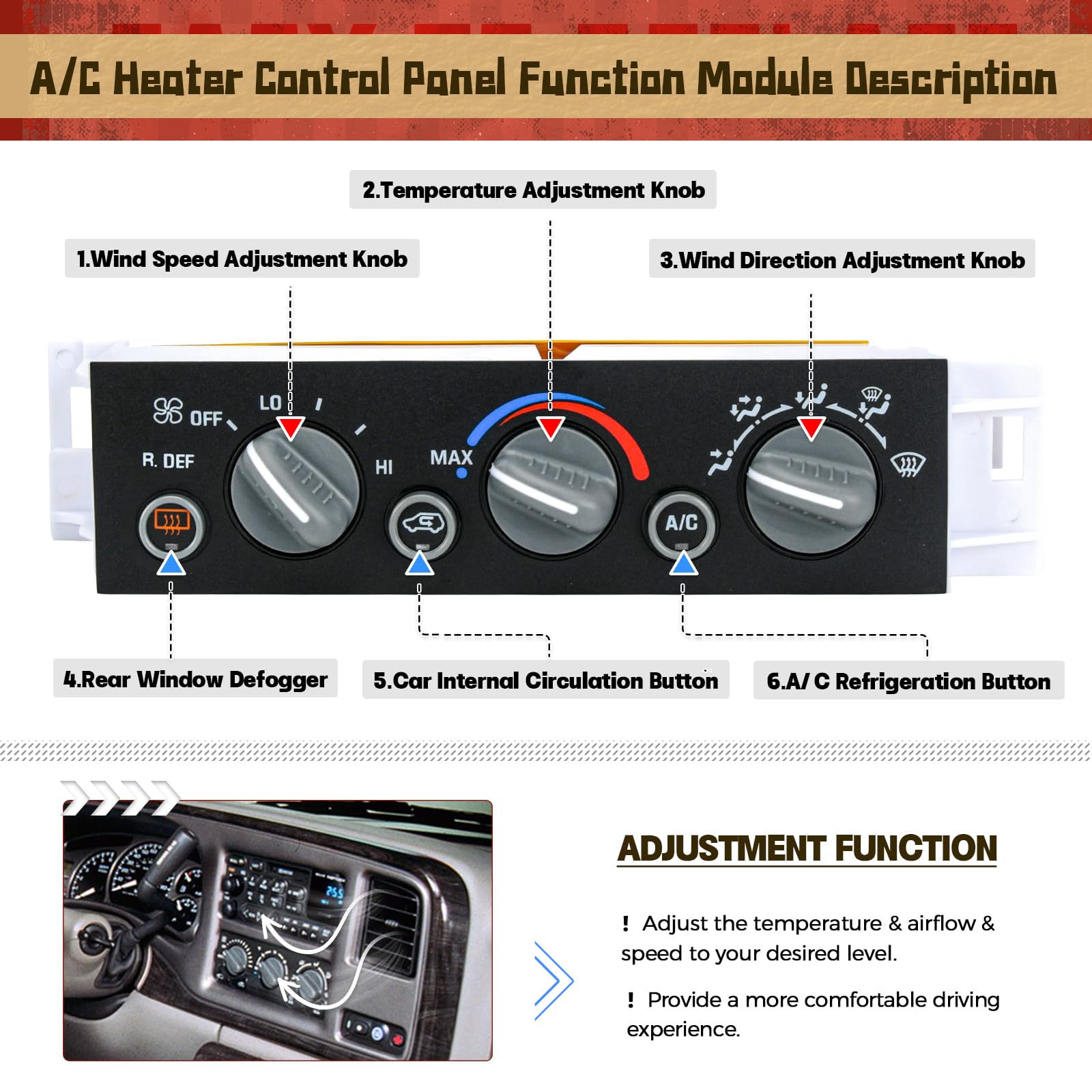 599-006 Heater Climate Control Panel Module A/C Climate Control Module with Rear Window Defogger Switch Compatible with Chevy Su