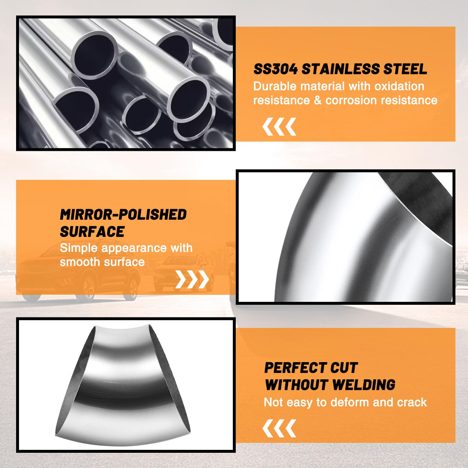 Tongze 3 Inch 45 Degree SS304 Stainless Steel Bend Tube Exhaust Elbow Pipe for Car Customized Modified Exhaust System-4pcs