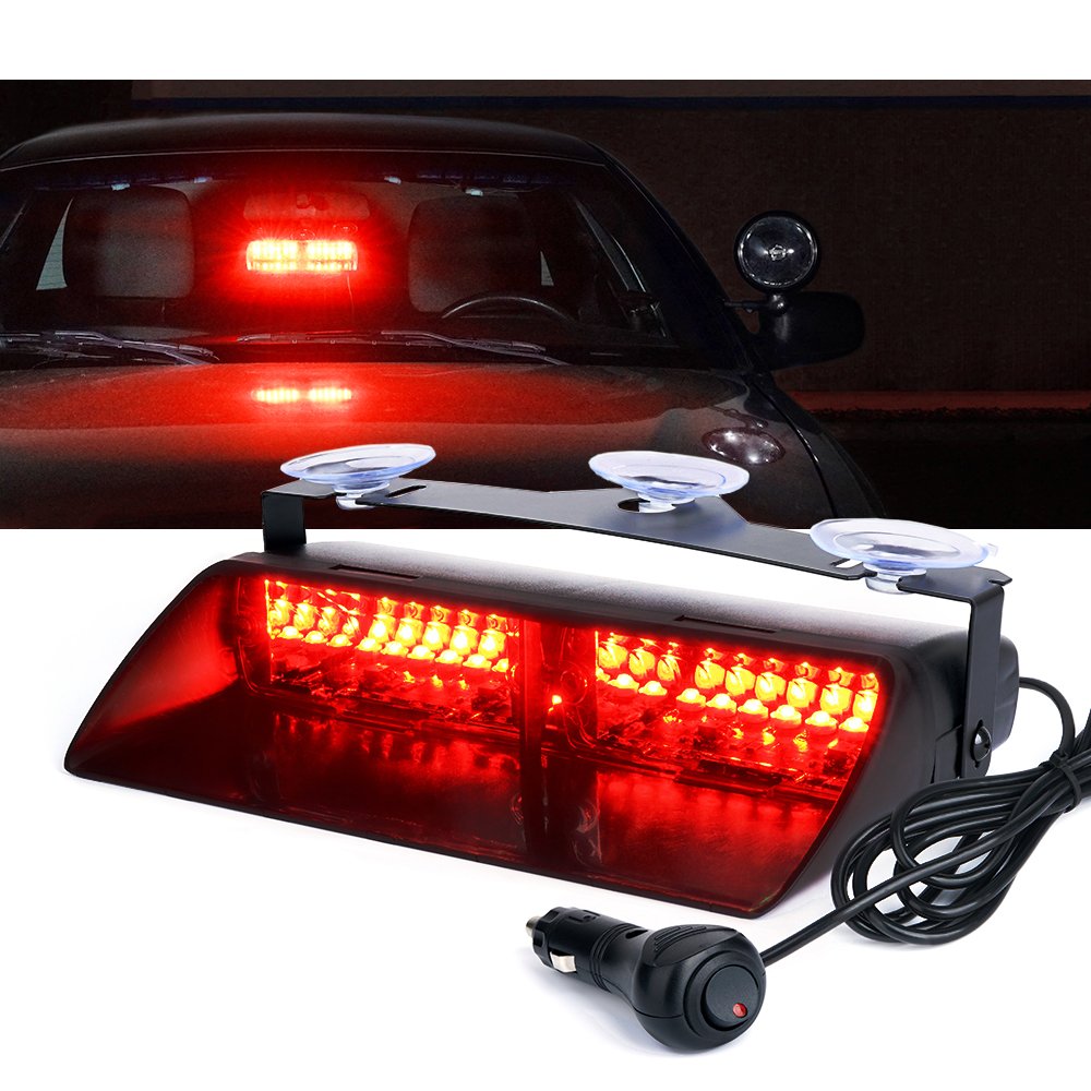 Xprite Red Led Emergency Dash Strobe Light, Interior Windshield Safety Warning Firefighter Lights W/Suction Cups, 12V Windshield