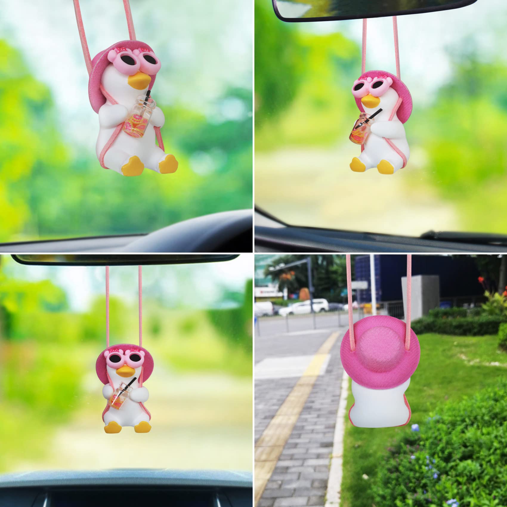 Car Rear View Mirror Hanging Accessories Swinging Duck Rearview Mirrors Ornament Pink Decor For Women Teen Girl Automotive Decorations Interior Aesthetic Things Kawaii Auto Pendant Stuff To Mom Gifts