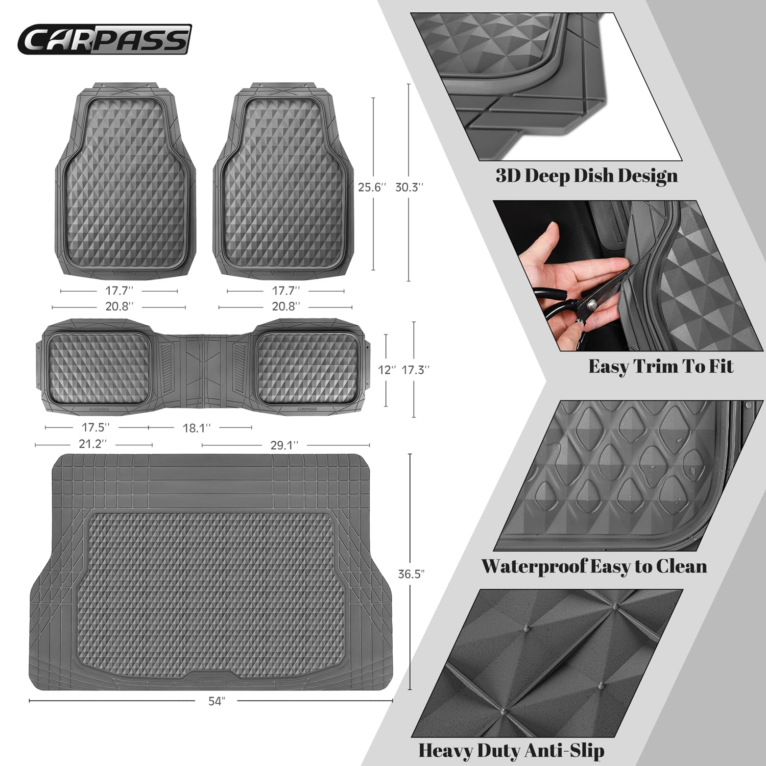 Car Pass Heavy Duty Rubber Gray Car Floor Mats & Cargo Liners, Deep Dish All-Weather Trunk Mats Durable Anti-Slip 3D Rhombus Wat