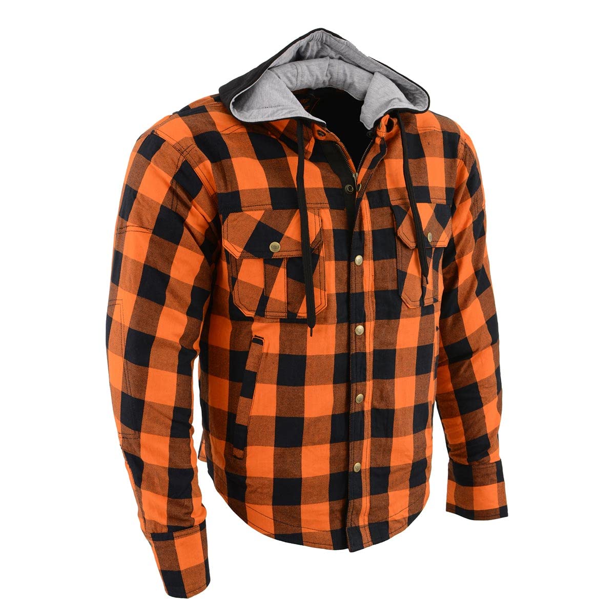 Milwaukee Leather MPM1642 Men's Plaid Hooded Flannel Biker Shirt with CE Approved Armor - Reinforced w/Aramid Fibers - Large Ora