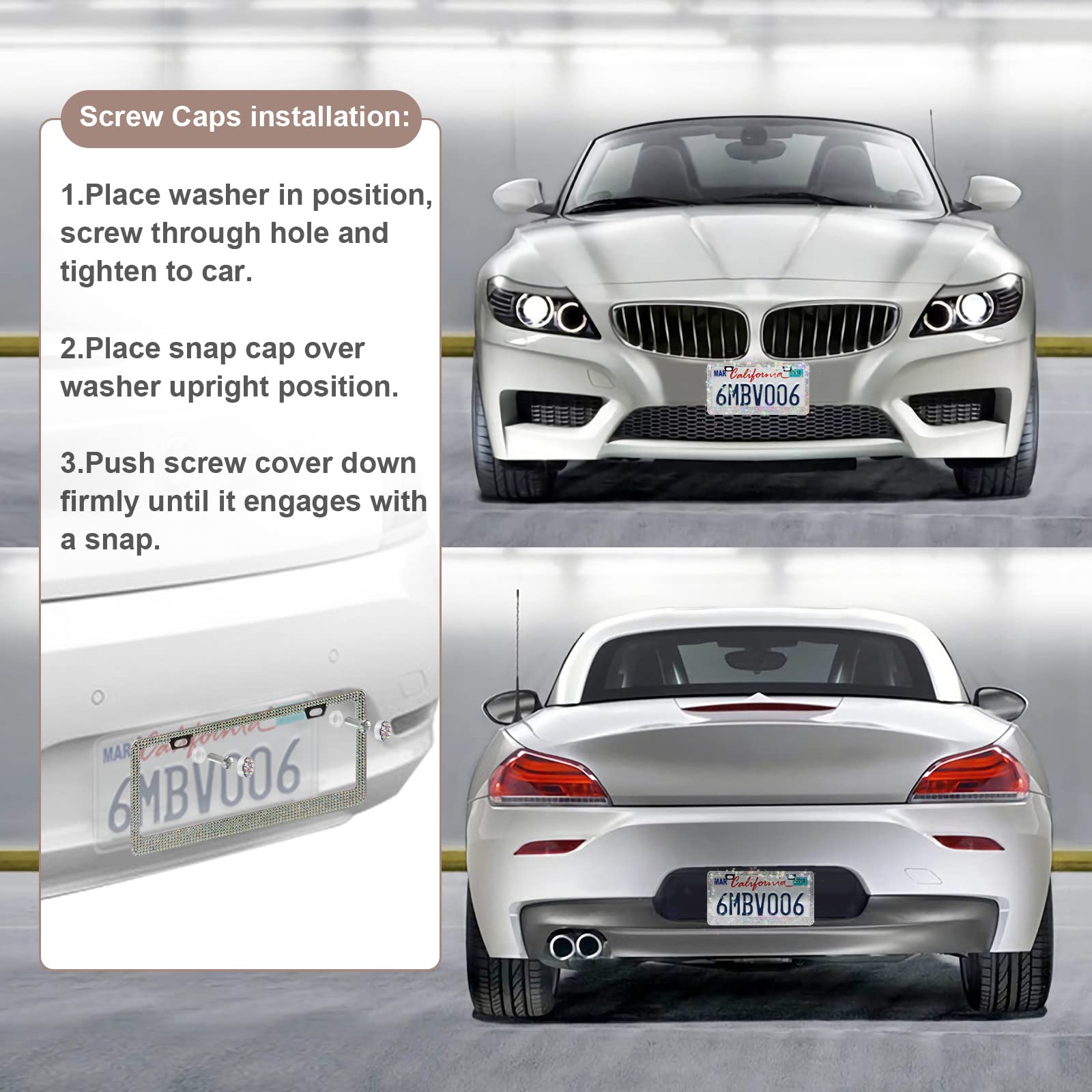 Quanqiufei Bling License Plate Frames For Women, Sparkly Rhinestone Diamond Car Accessories With Glitter Crystal Caps (1 Pack Co